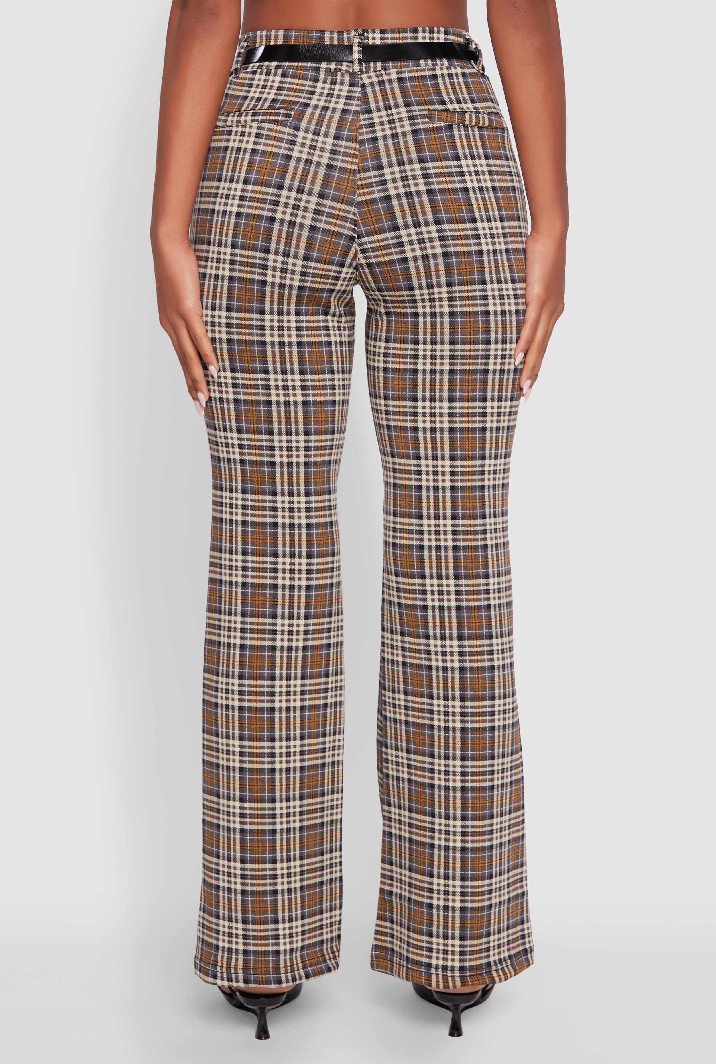 High Waisted Plaid Boot Cut Trousers with Belt