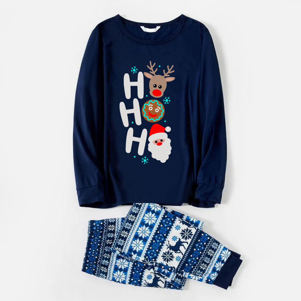 HO HO HO Text and Santa Claus Print Blue Family Christmas Matching Pajamas