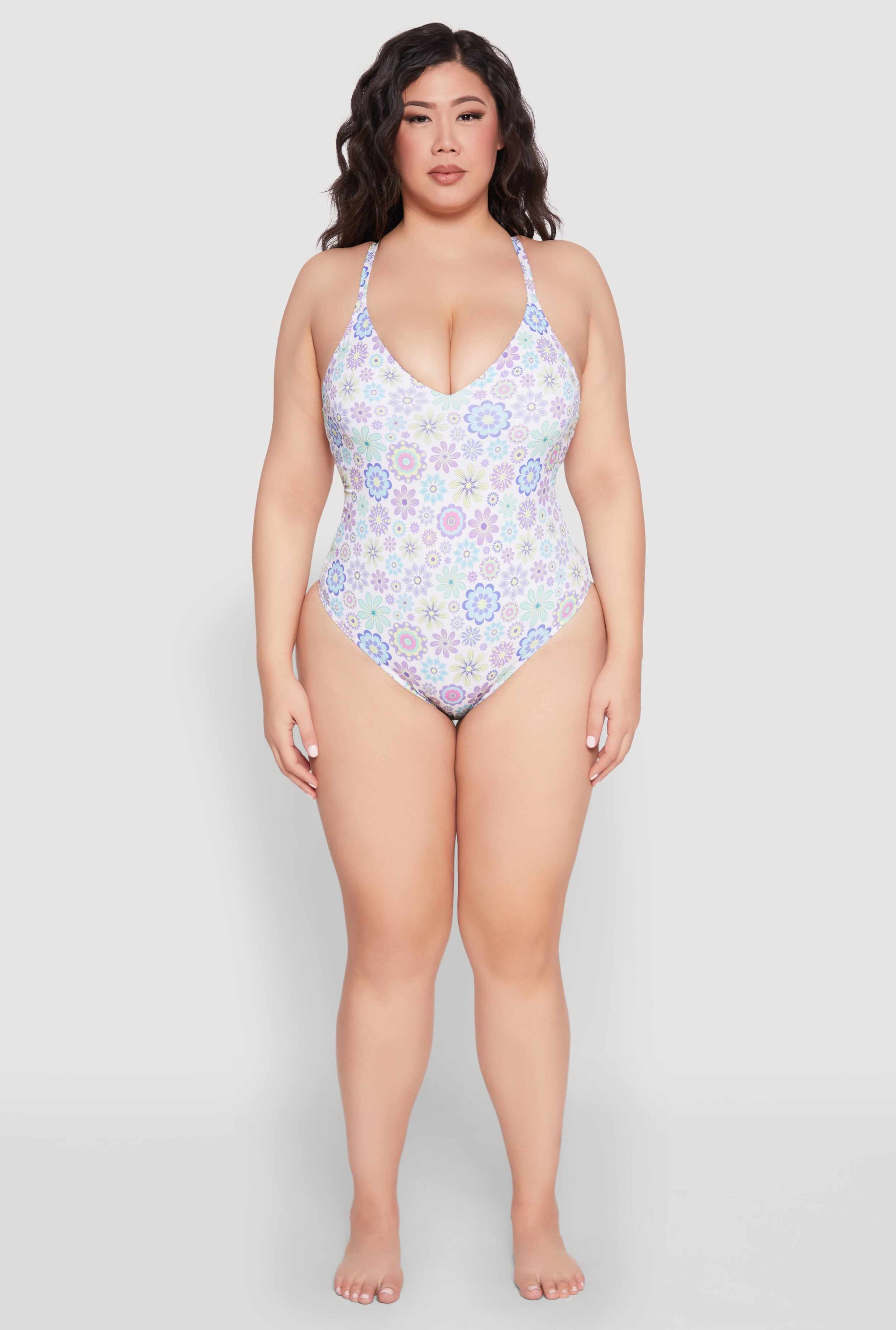 Plus Size Retro Floral V Neck One Piece Swimsuit