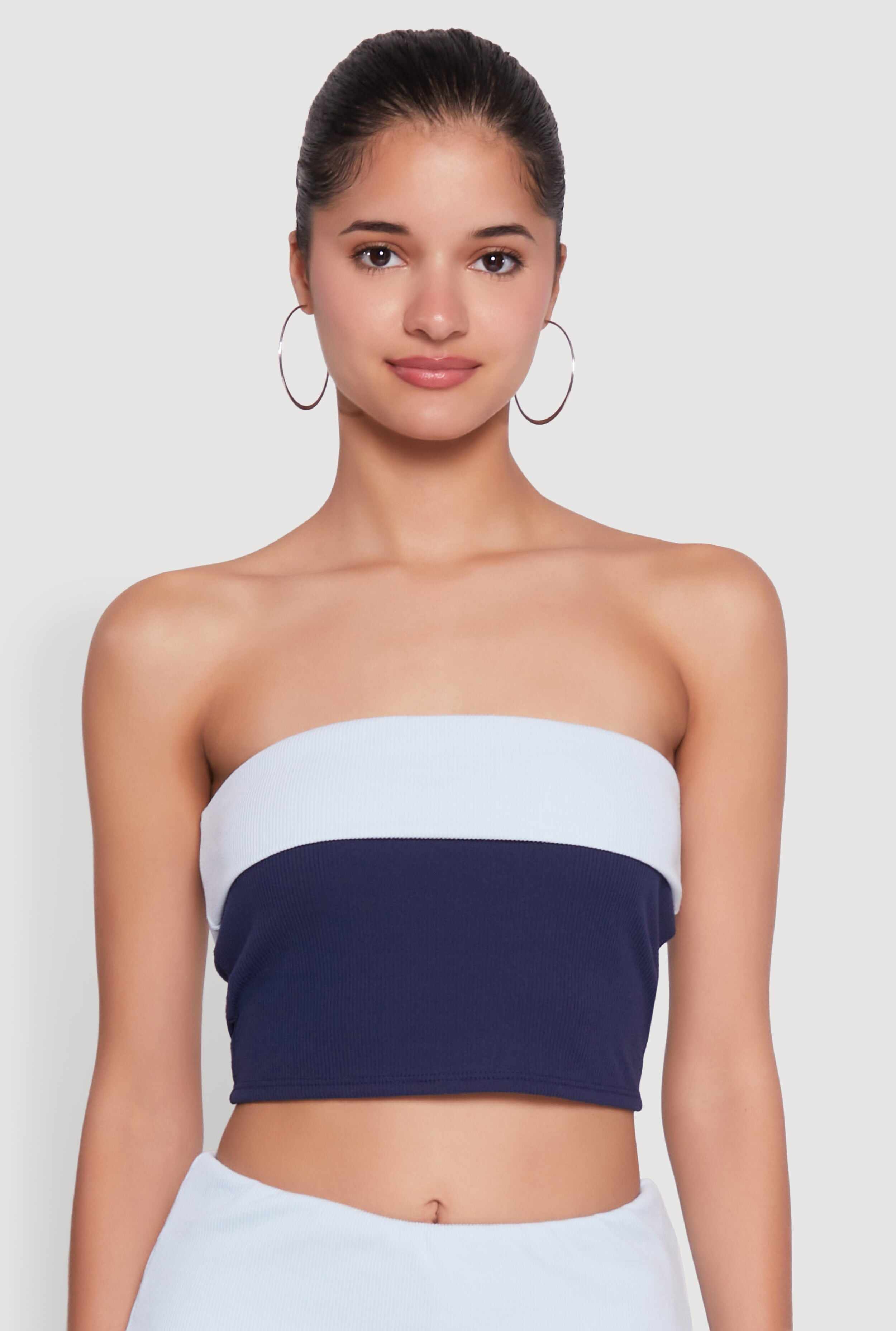 Stylish Rib Knit Contrast Fold Over Cropped Tube Top