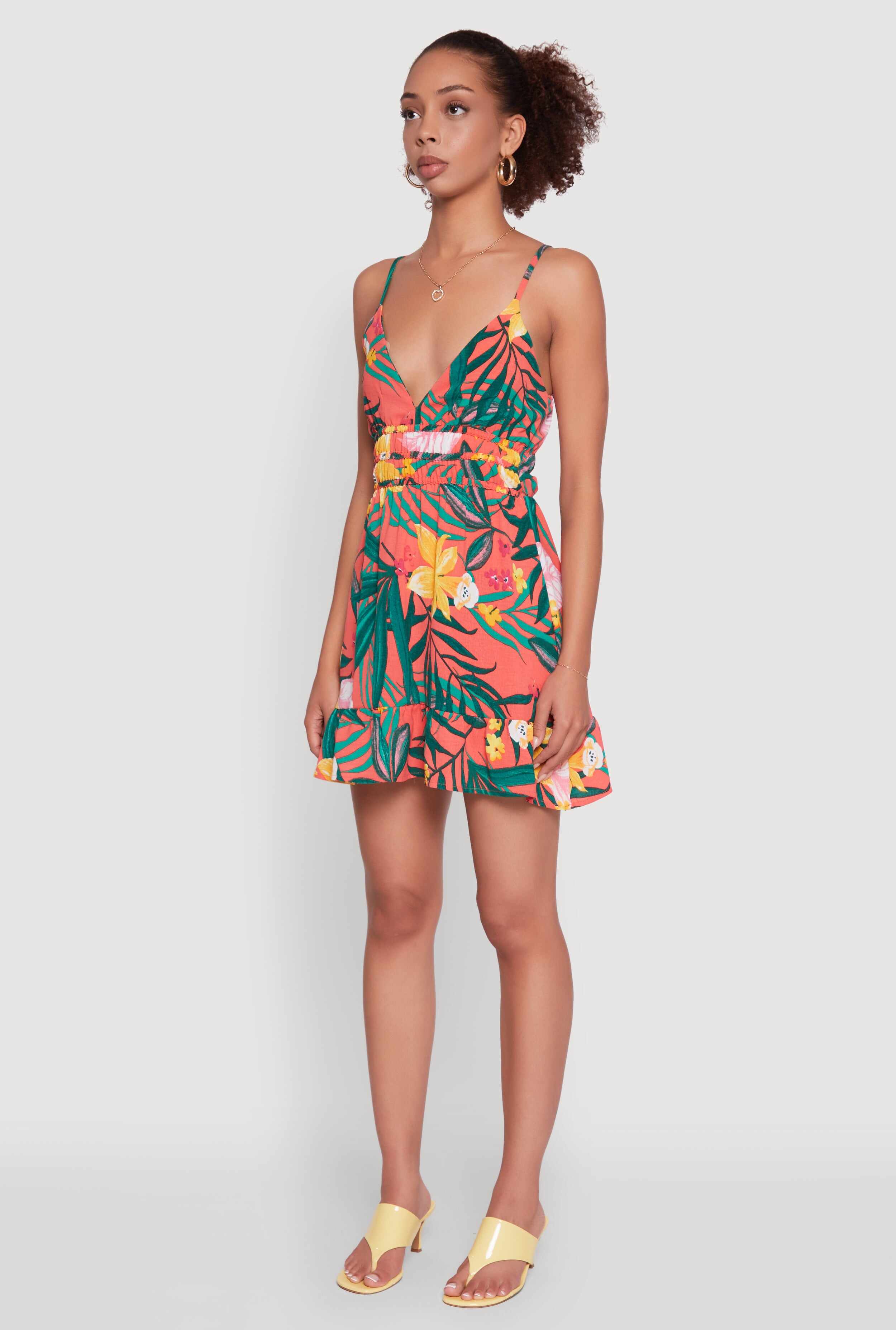 Tropical Floral Plunge Neck Sundress