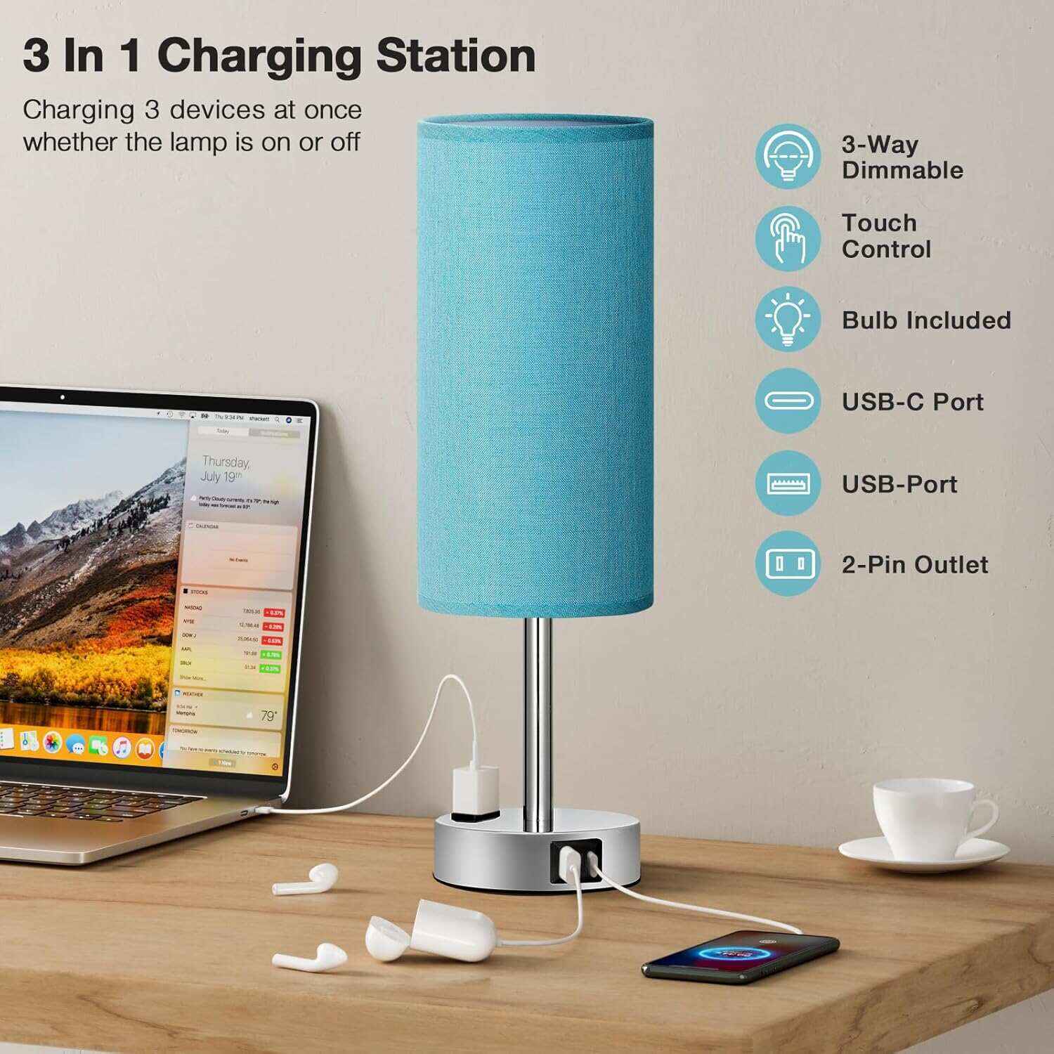 Bedside Table Lamp for Bedroom - 3 Way Dimmable Touch Lamp USB C Charging Ports and AC Outlet, Small Lamp Wood Base Round Flaxen Fabric Shade for Living Room, Desk, LED Bulb Included