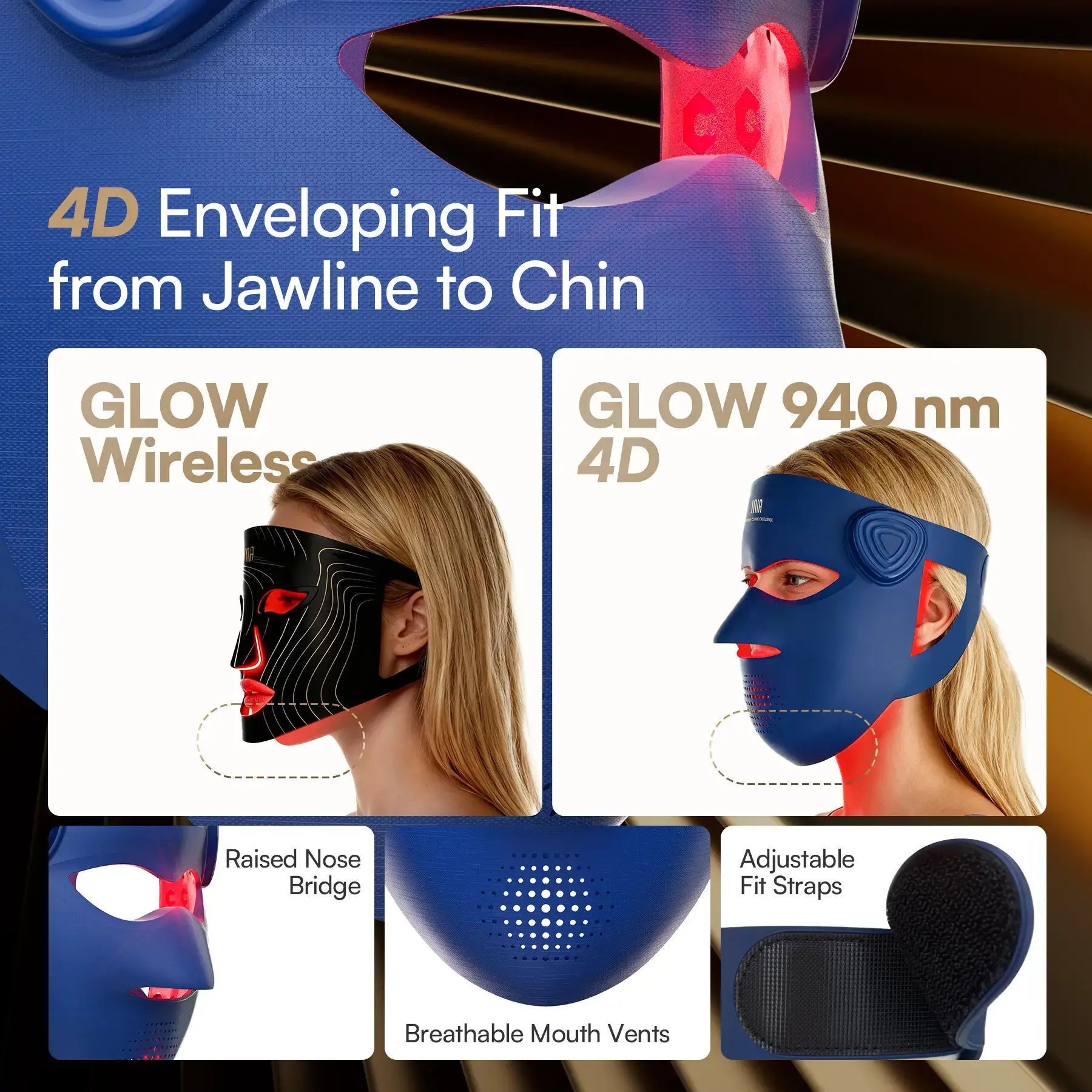 4D LED Light Therapy Mask, Dual NIR 940 + 850 nm Deep Penetration, Skin Repair & Lift, Jawline Firming with Cooling Therapy, Wireless Comfort