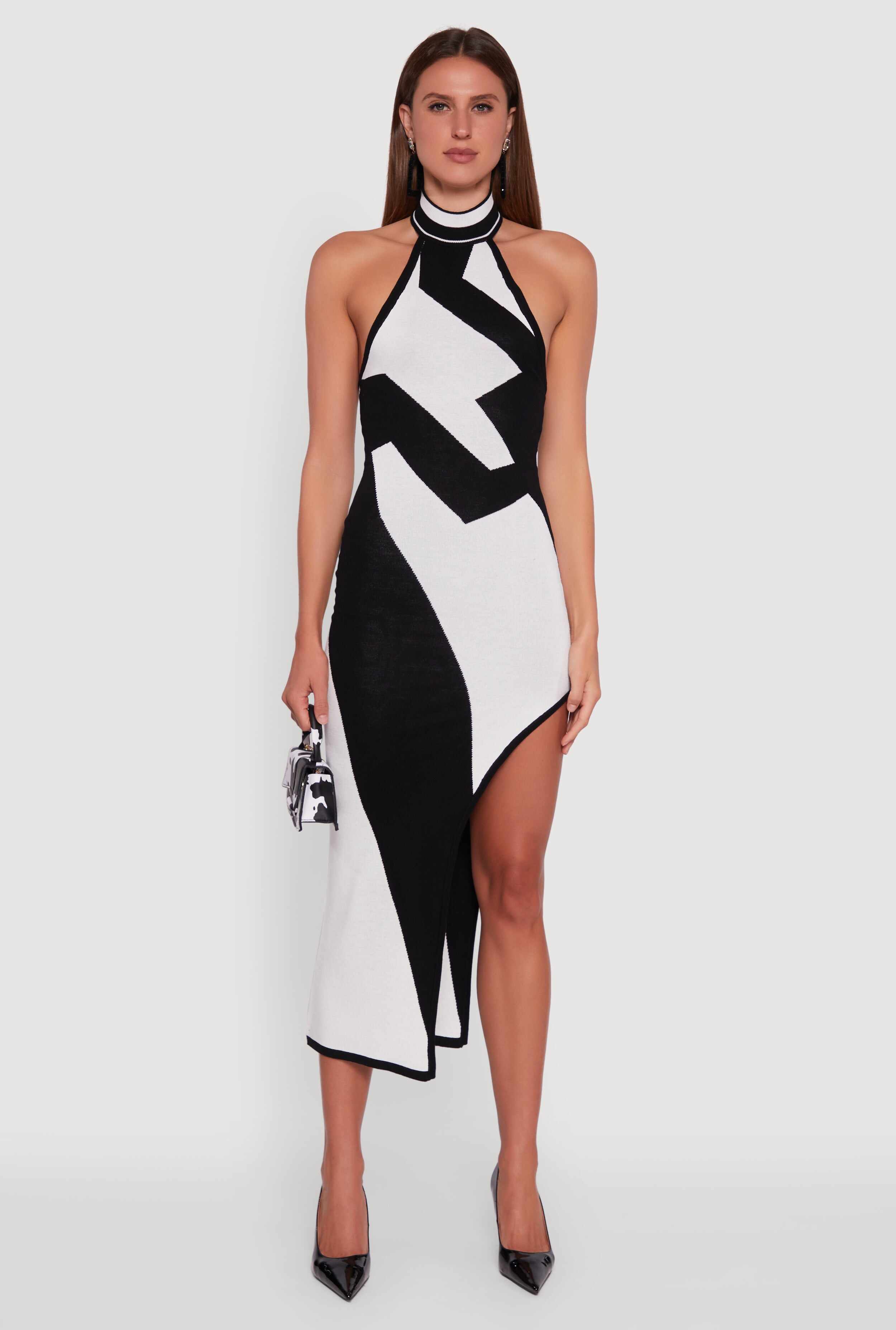 Abstract Printed Side Slit Halter Midi Dress
