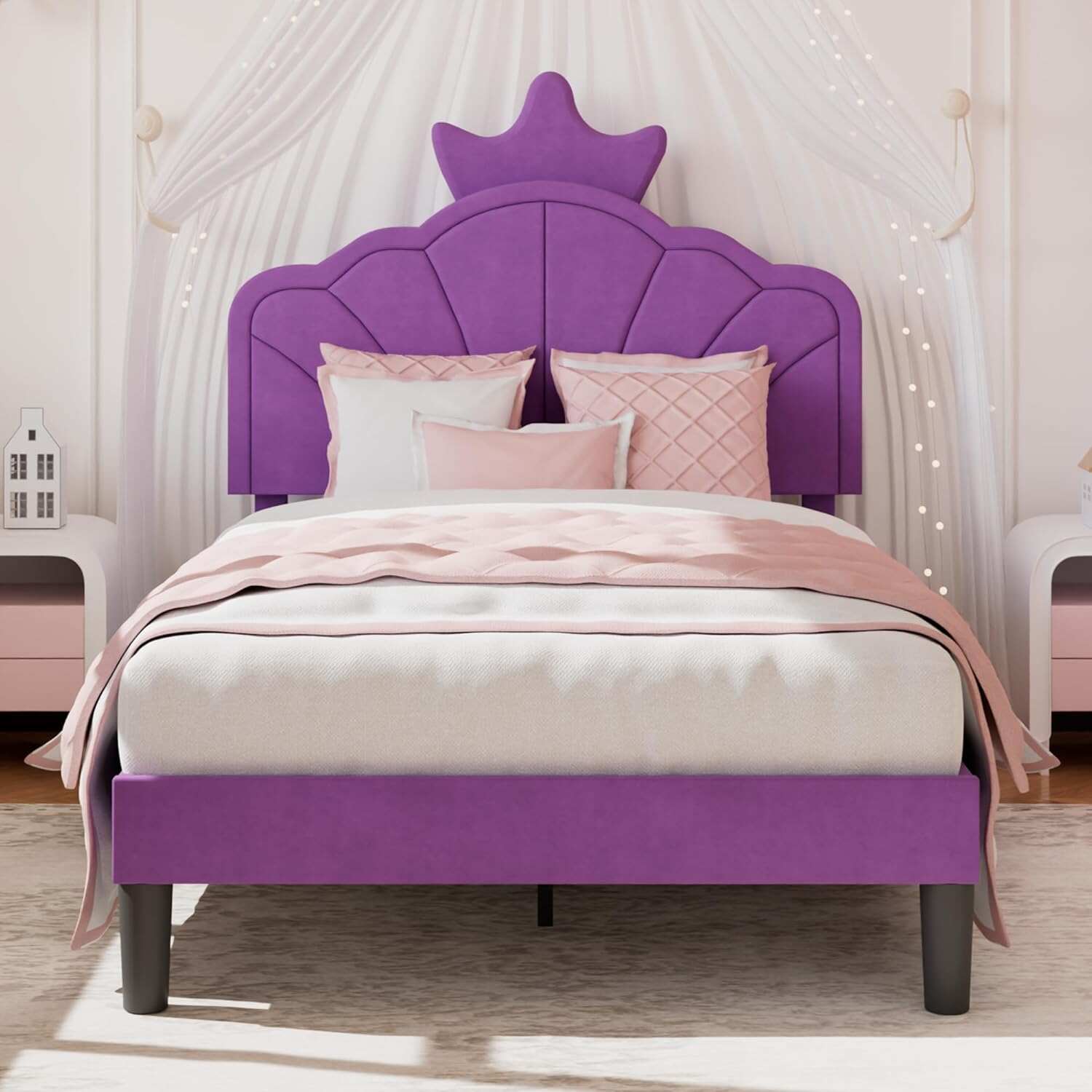 VECELO Twin Size Bed Frame with Crown Headboard