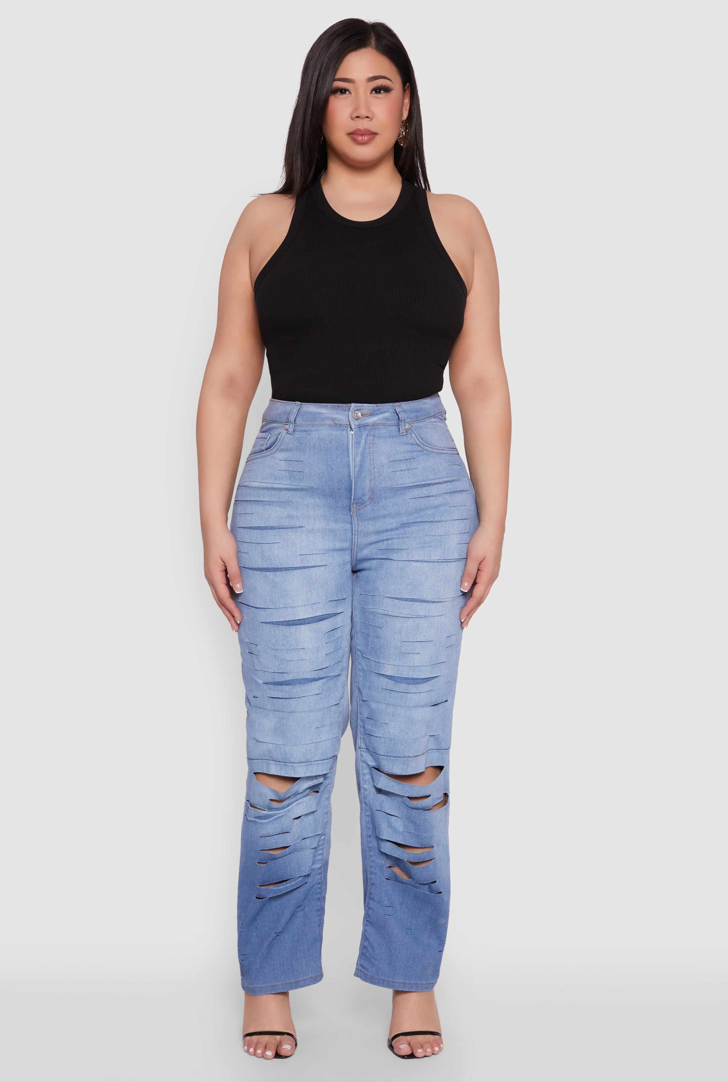 Plus Size Slashed Straight Leg Ombre Jeans