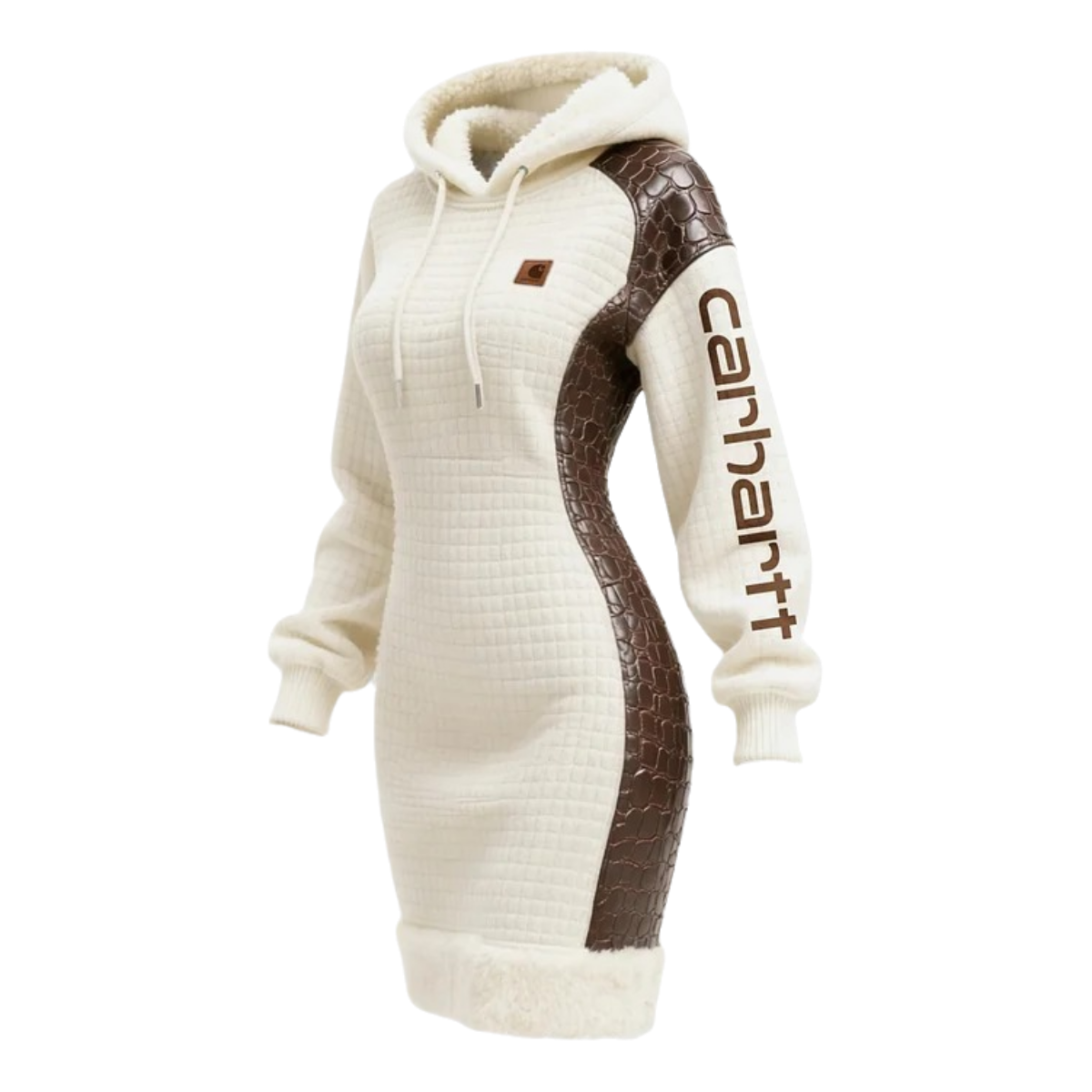 Women's Contrast Color Stitching Suede Lambswool Lapel Hooded Long Sweatshirt Dress
