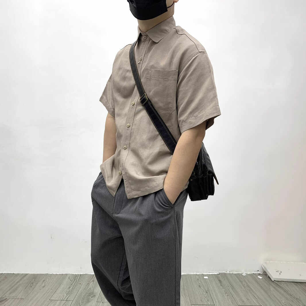 Flat Hem Cotton And Linen Short-sleeved Men's  Shirt
