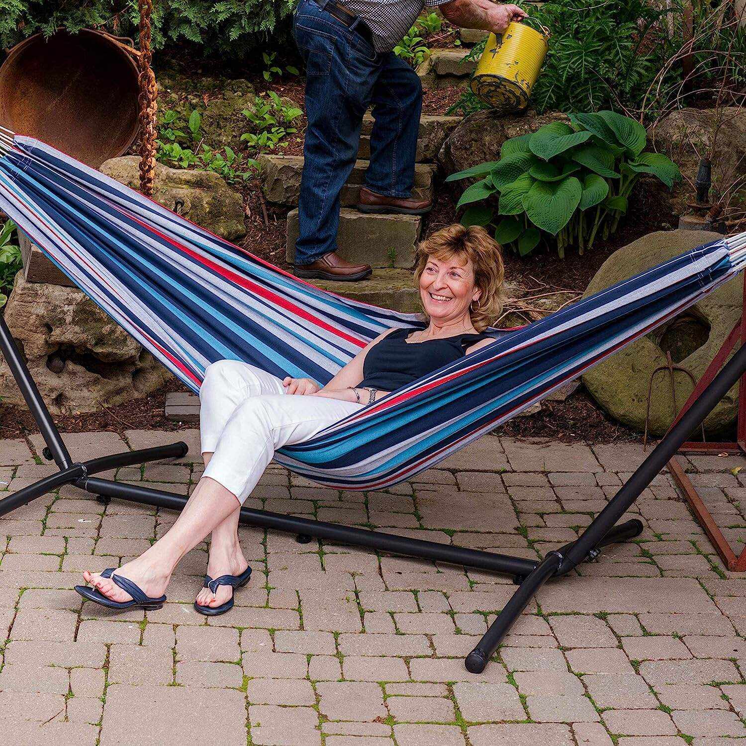 Double Cotton Hammock with Space Saving Steel Stand, Tropical (450 lb Capacity - Premium Carry Bag Included)