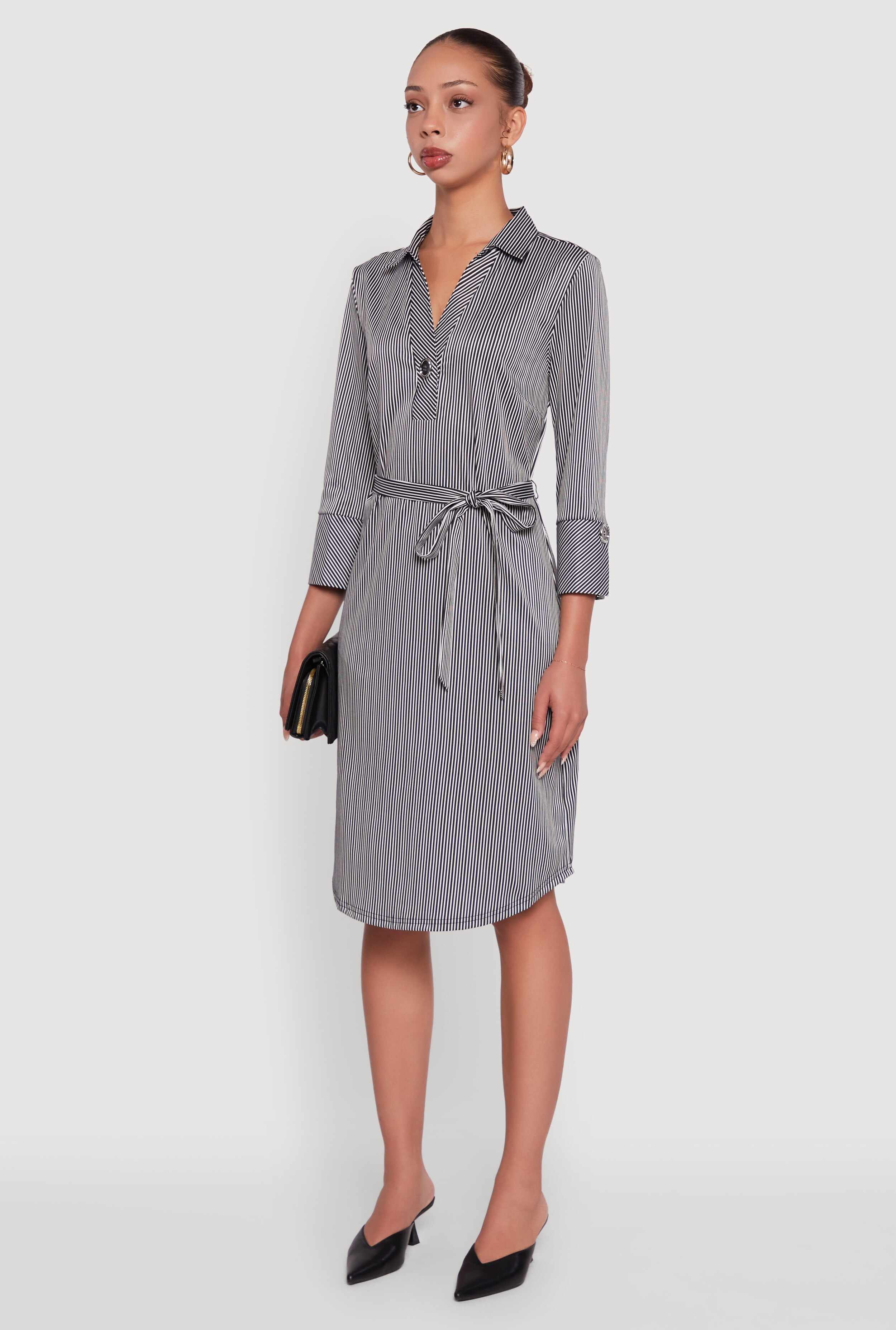 Classic Fit Striped Midi Dress with Tie Waist Belt