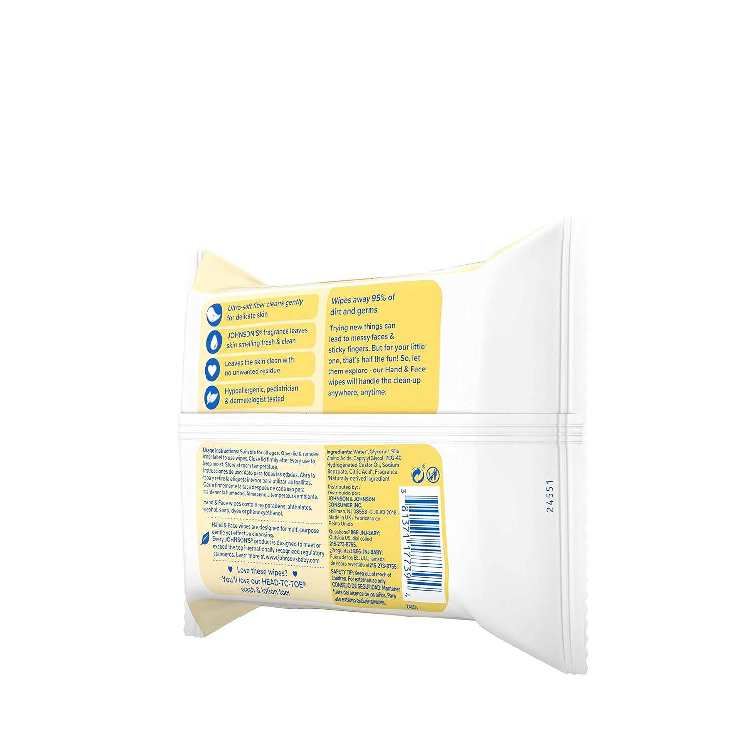 Johnson's Baby Disposable Hand & Face Cleansing Wipes, Pre-Moistened Wipes Gently Remove 99% of Germs & Dirt from Delicate Skin, Paraben-, Phthalate- & Alcohol-Free, Hypoallergenic, 25 ct