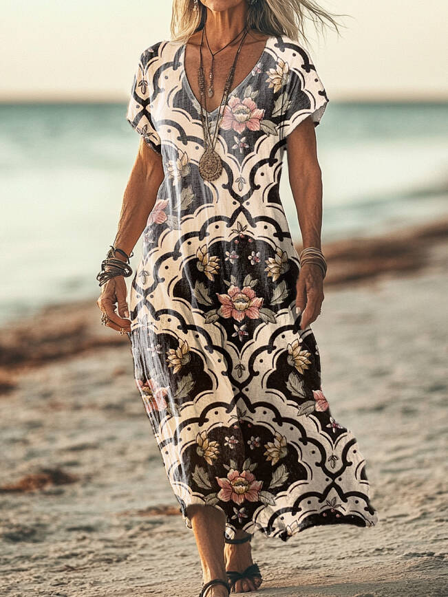 Women's Vintage Ethnic Floral Art Print Pocket Cotton Dress