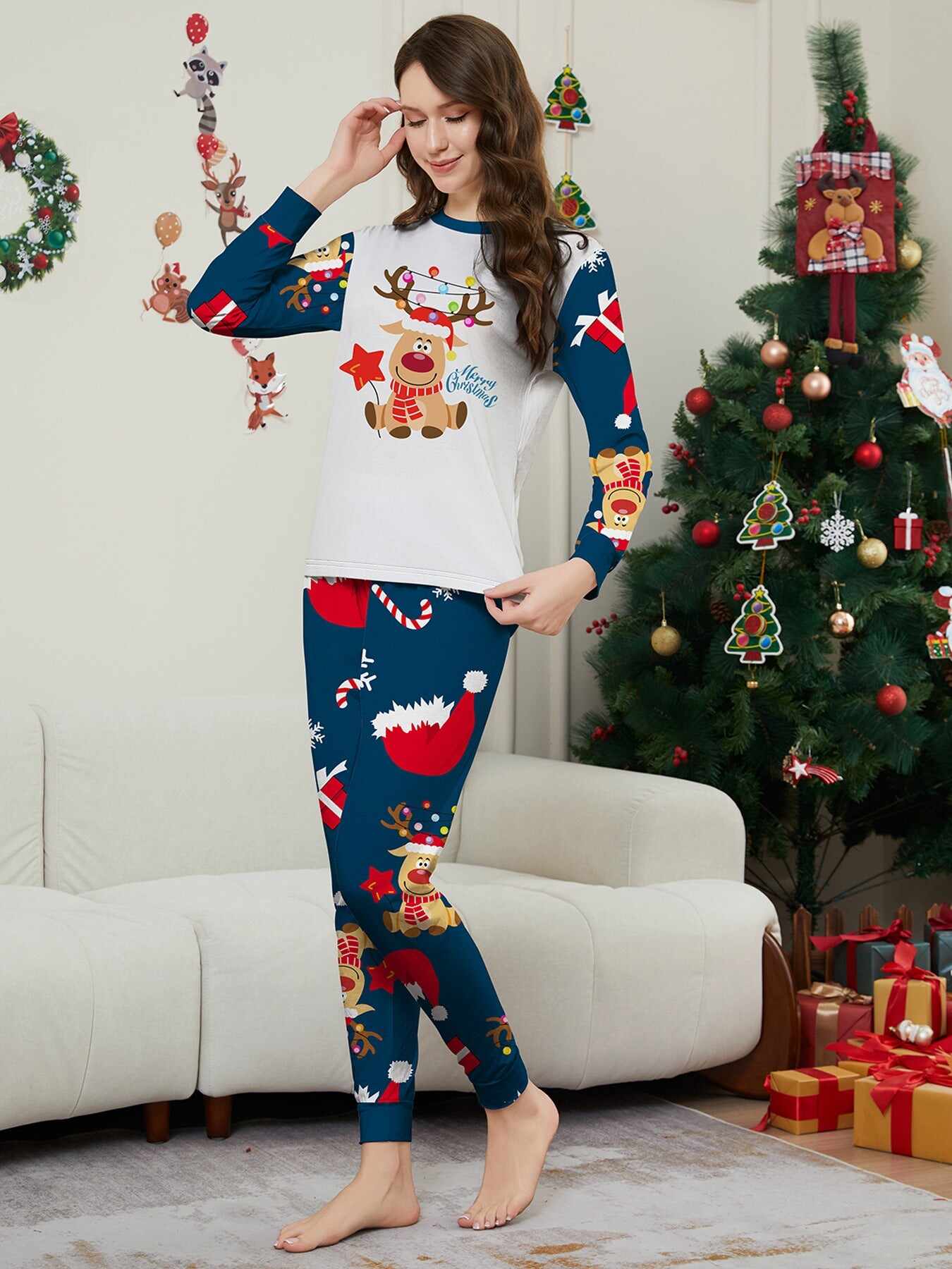 Christmas Fawn Printed Family Matching Christmas Pajamas Sets