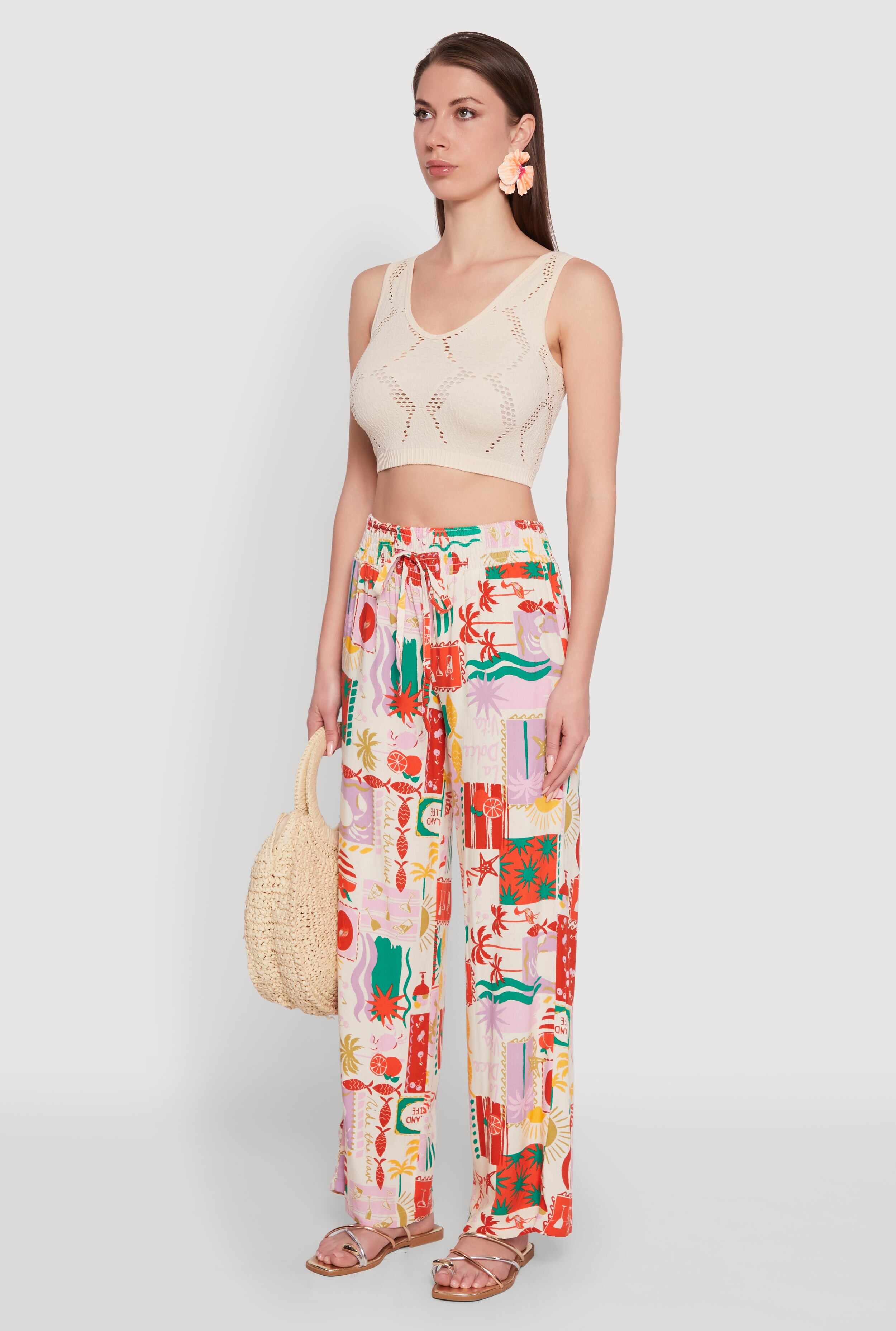 Patterned Faux Drawstring Smocked Waist Palazzo Pants