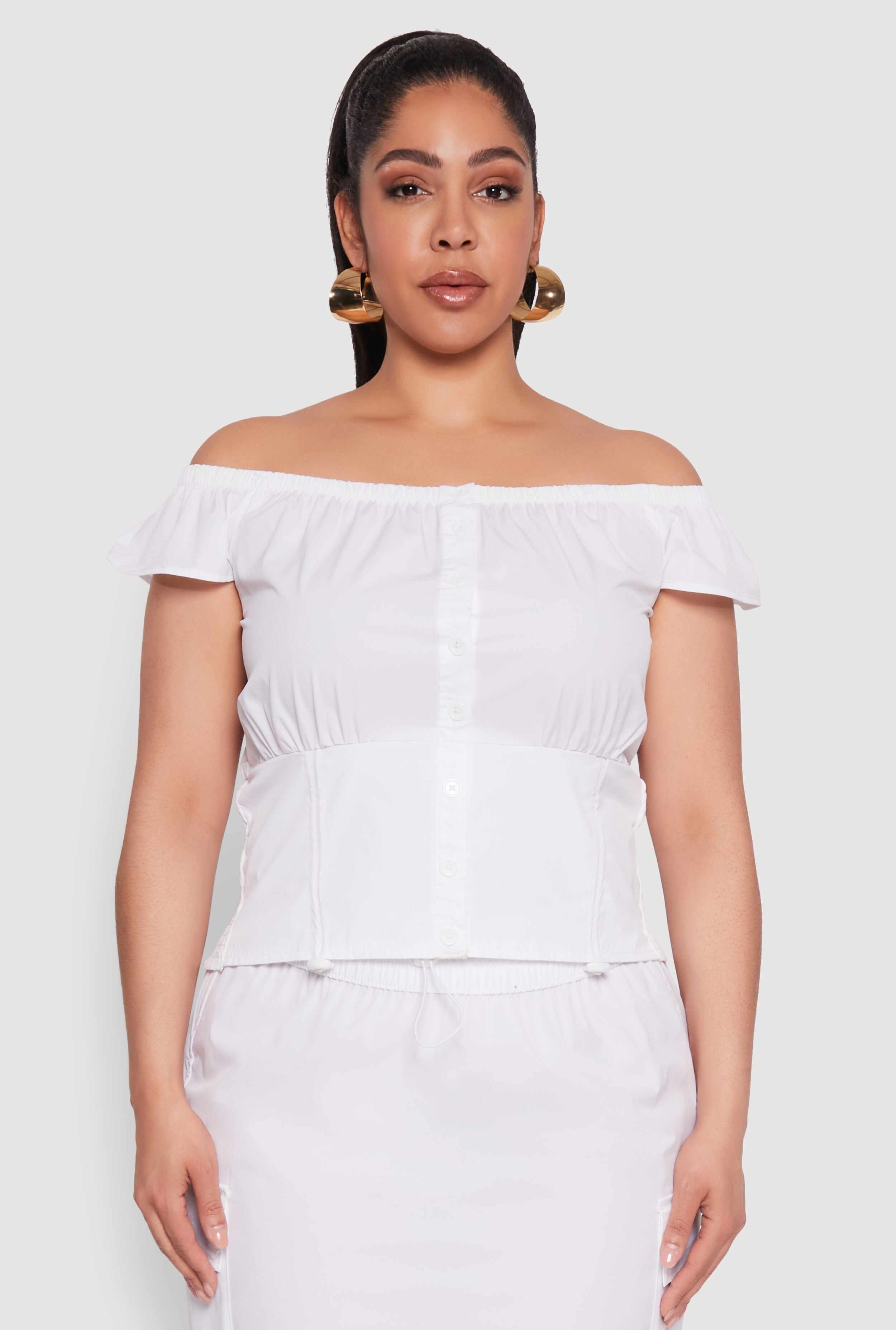 Plus Size Nylon Drawstring Off the Shoulder Top