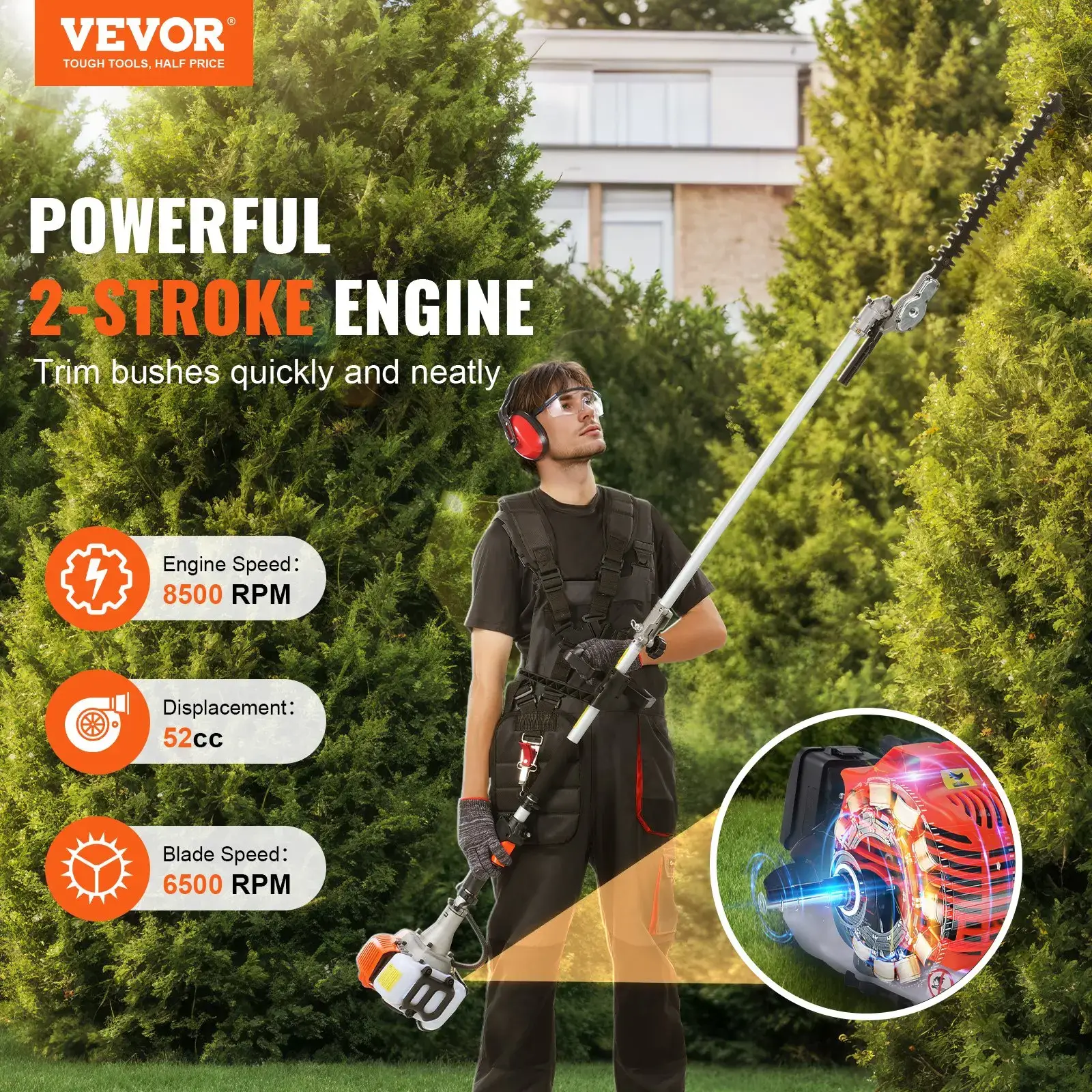 52CC 6-in-1 Multi-Functional Trimming Tools with Gas Hedge Trimmer, Summervibes,Summervibes, Weed Eater, String Trimmer, Brush Cutter, Edger & Pole Saw Chainsaw Pruner Whacker Shoulder VEVOR Super Brand Day