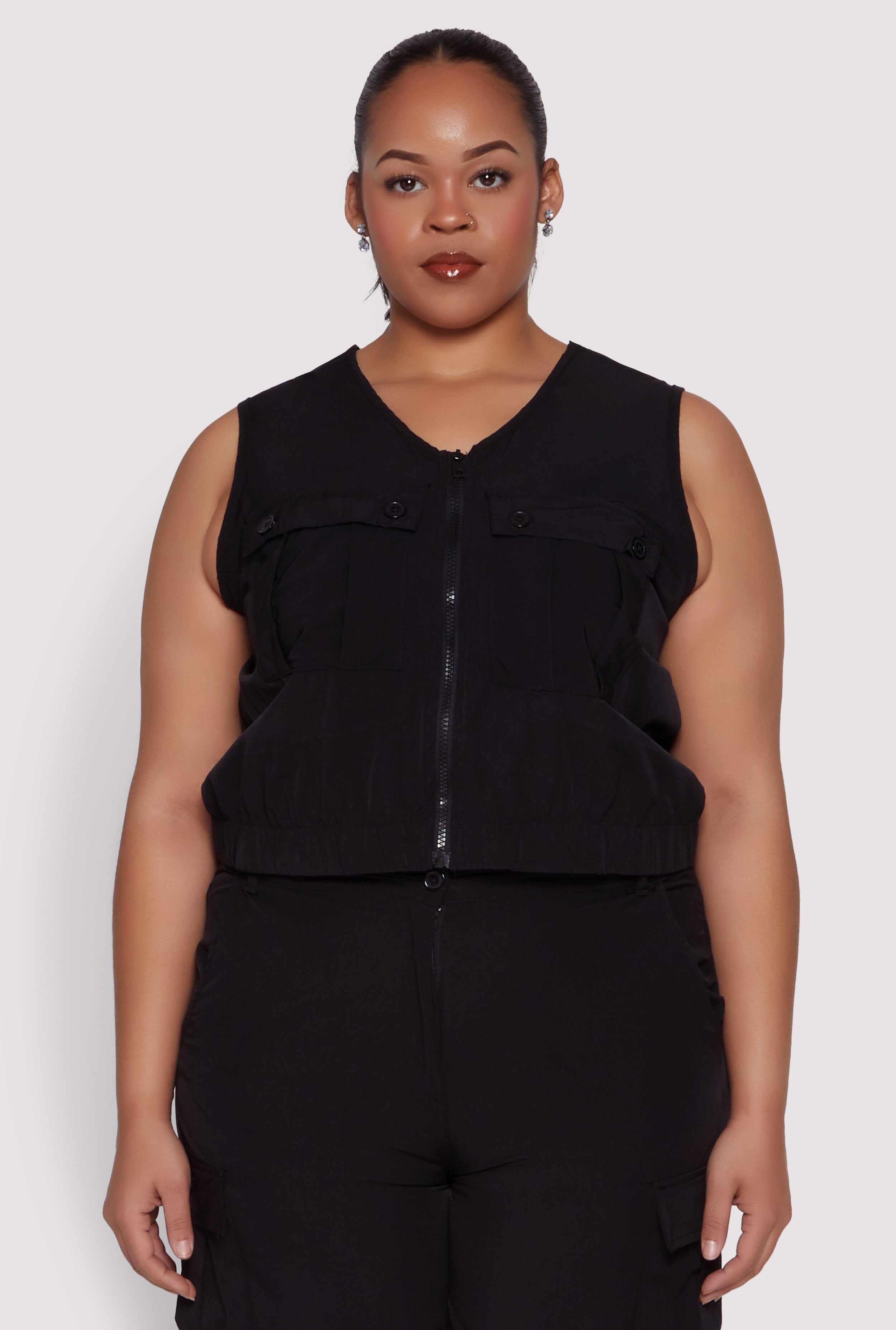 Plus Size Nylon Utility Zip Front Vest