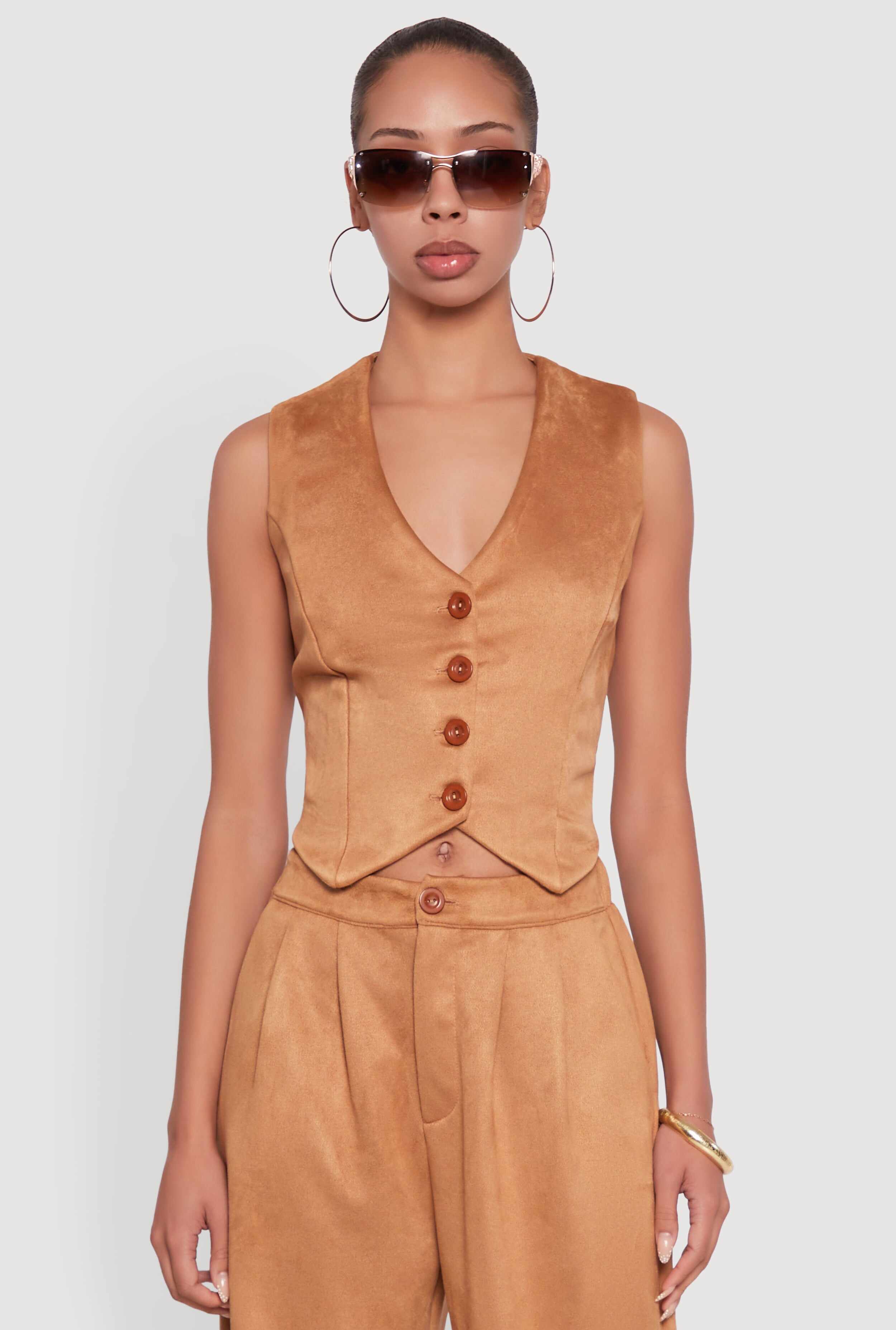 Faux Suede Button Front Vest