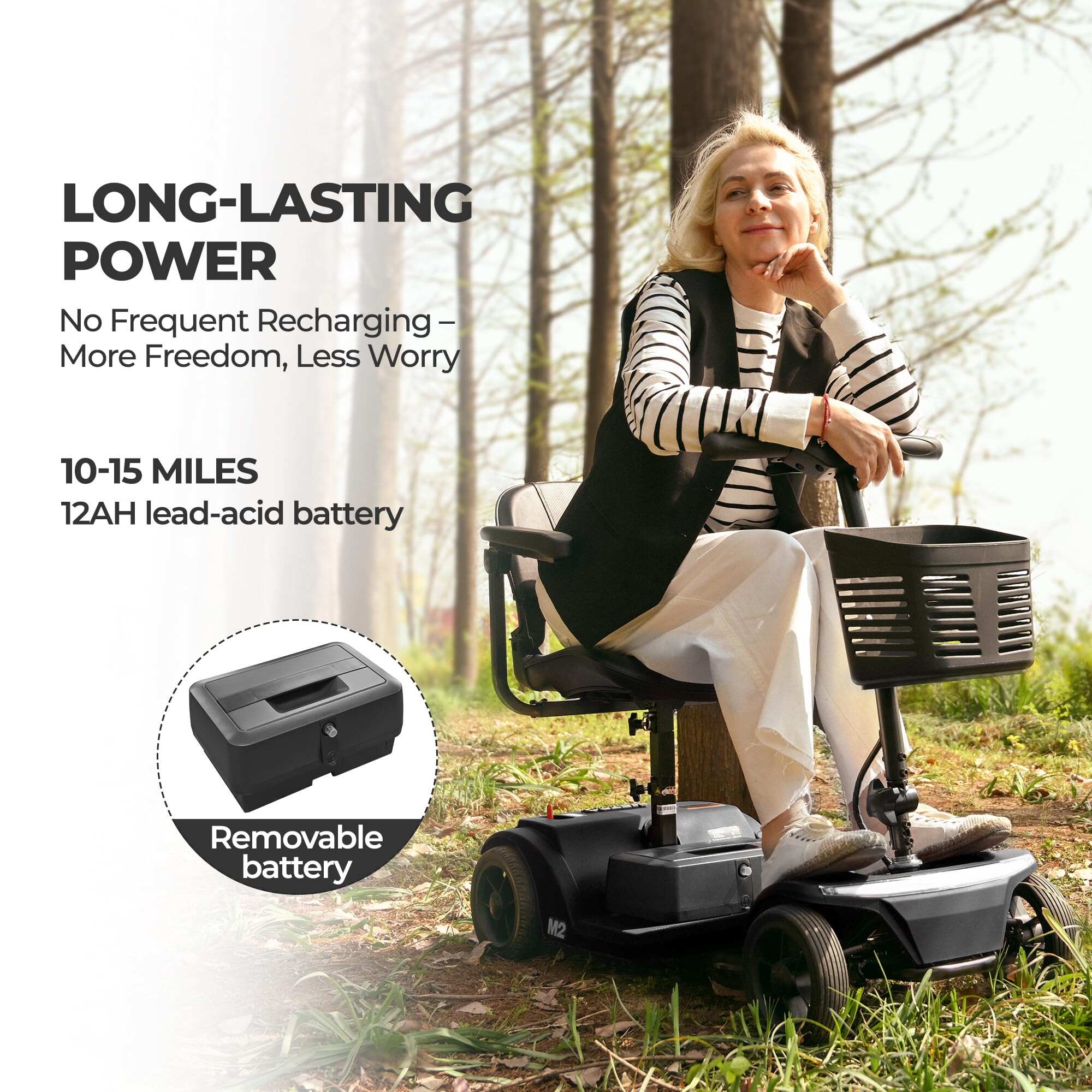 New electric four-wheeled mobility scooter boasts a 20 miles range, a 300lb load-bearing capacity, fast charging, and smartphone control