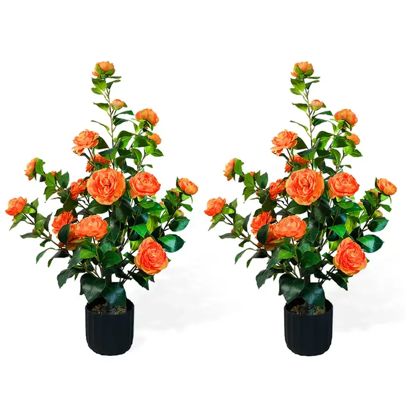 2 Pcs 3-foot Camellia Tree with Decorative Pebbles, Flower Pot, 24 Realistic Flowers, 188 Leaves for Indoor, outdoor courtyard Home Decor