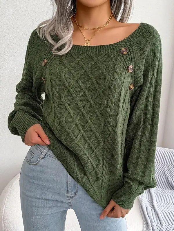 Cable Knit Button Detail Raglan Sleeve Sweater