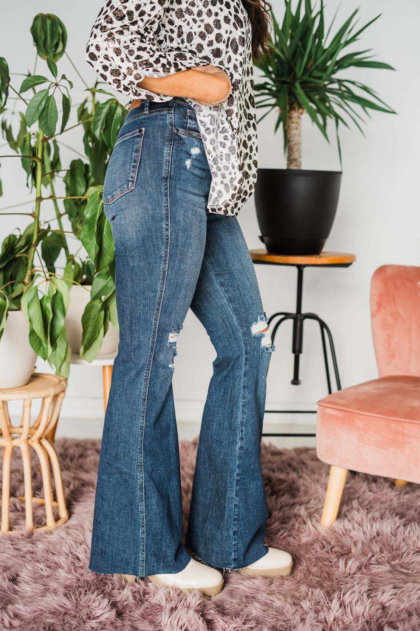 Full Of Flare - Christmas Tummy Control Knee Destroy Raw Hem Flare Jeans- Final Sale