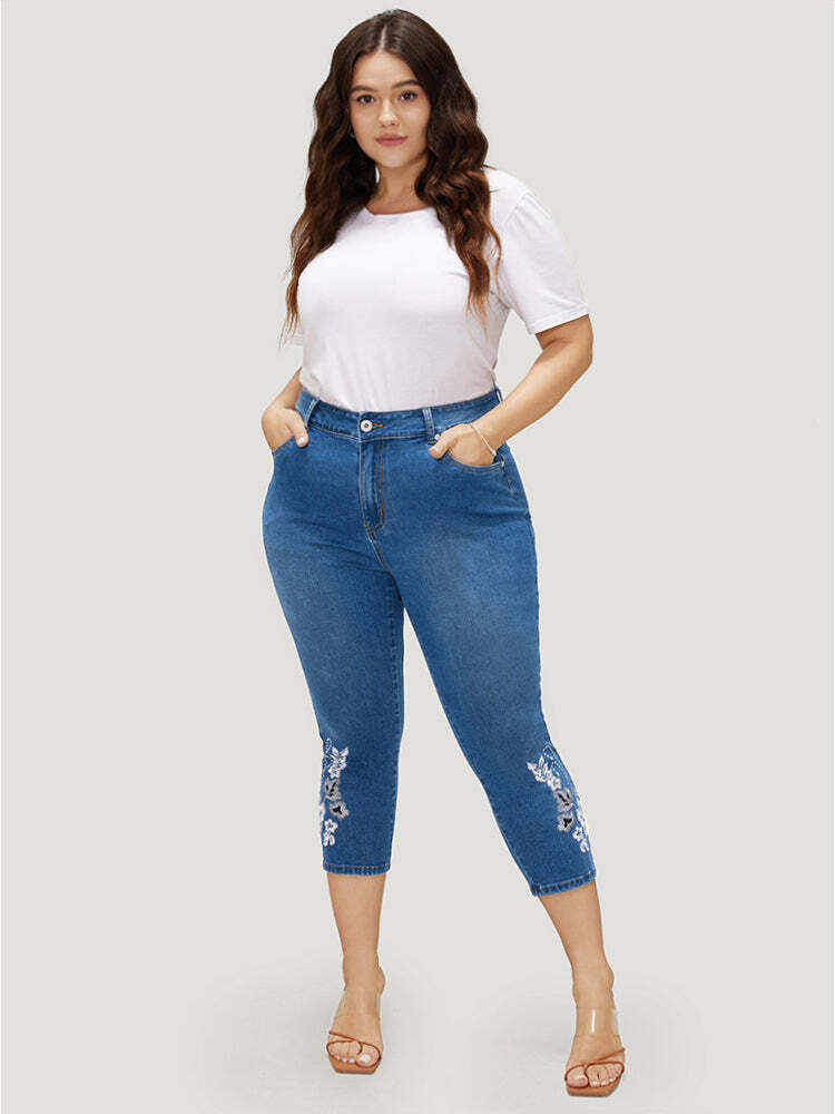 Very Stretchy High Rise Medium Wash Embroidered Cropped Jeans