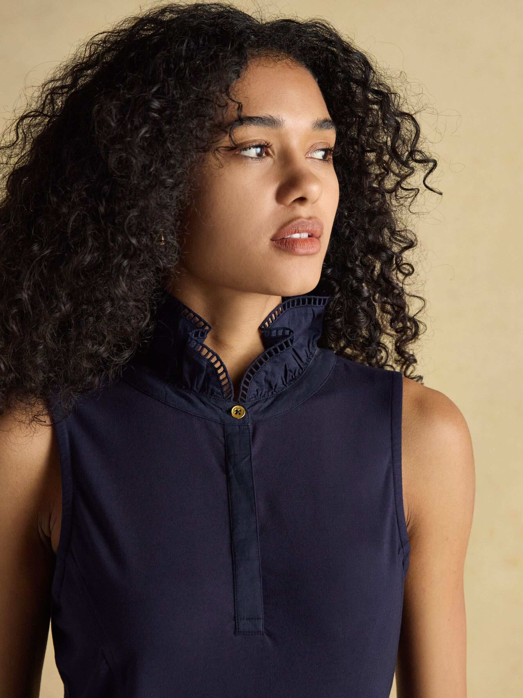 Kate Navy Sleeveless Frill Neck Top