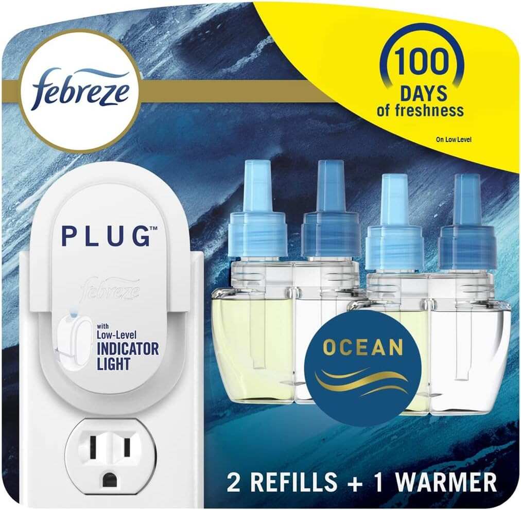 Febreze Odor-Fighting Fade Defy PLUG Air Freshener, Mountain, Ocean, Amber, (3) .87 fl. oz. Oil Refills