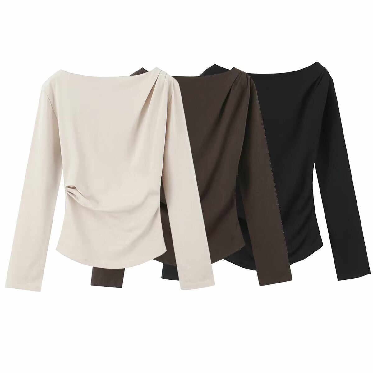 Spring New Simple And Versatile Long-sleeve Asymmetrical Elastic Top For Women With Pleats