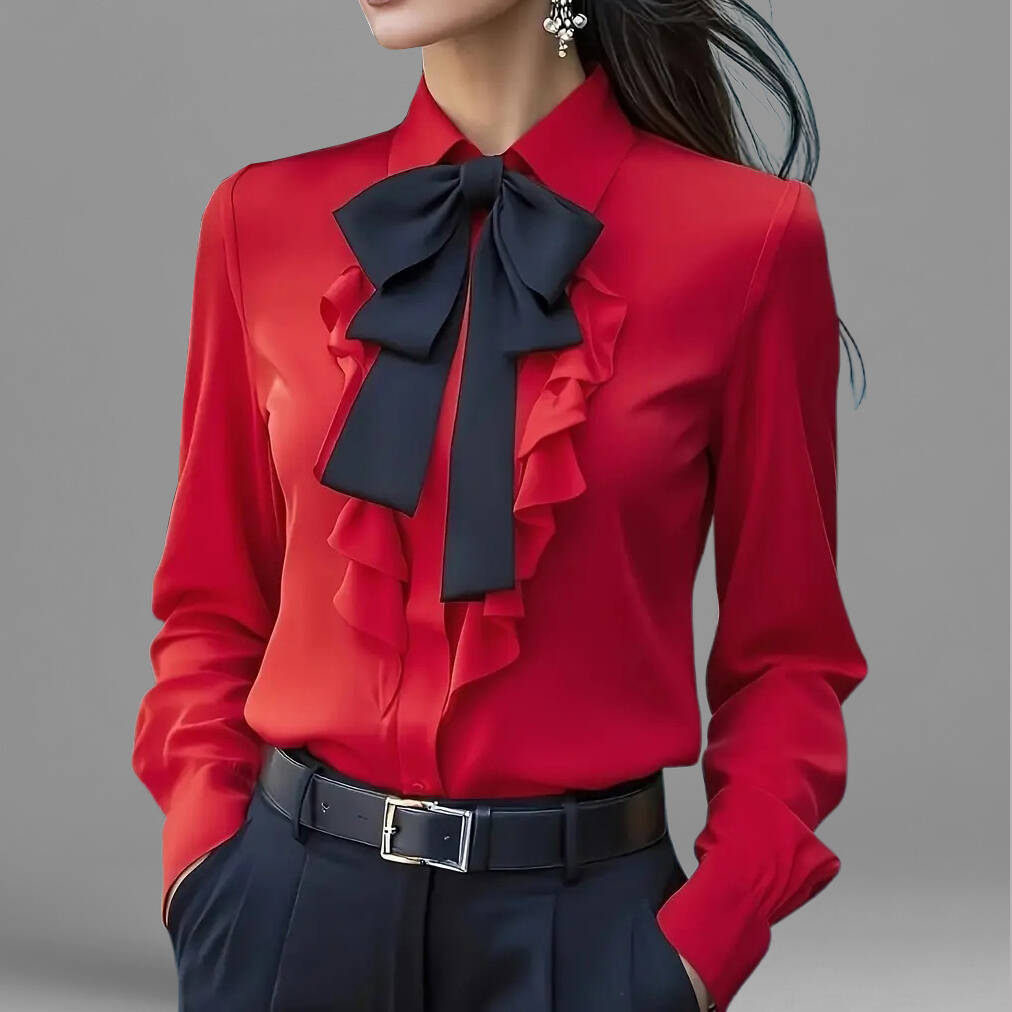 Women's Formal Shirt Collar Bow Tie Ruffles Long Sleeve Blouse