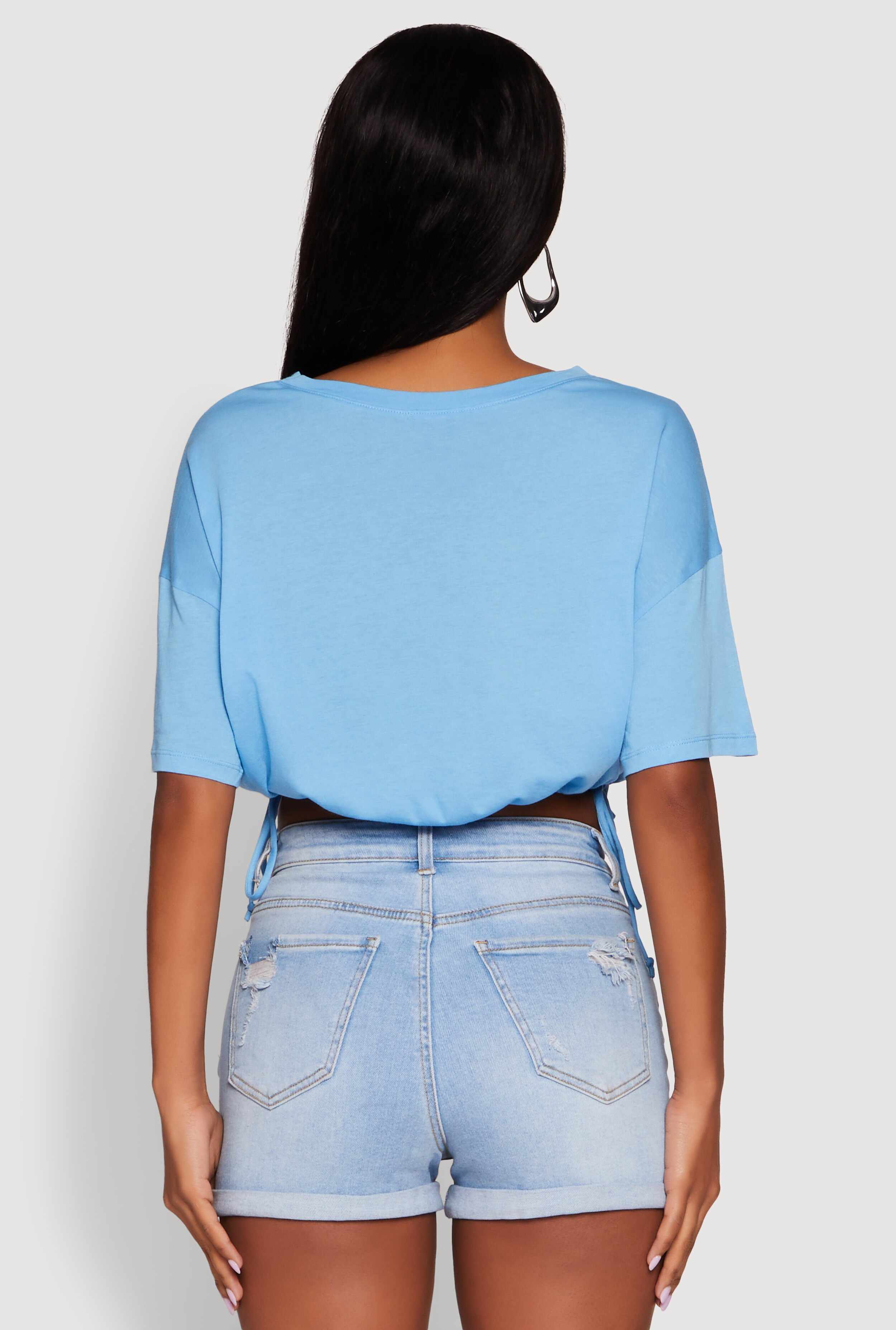 Cropped Drawstring Hem Short Sleeve Crew Neck Top