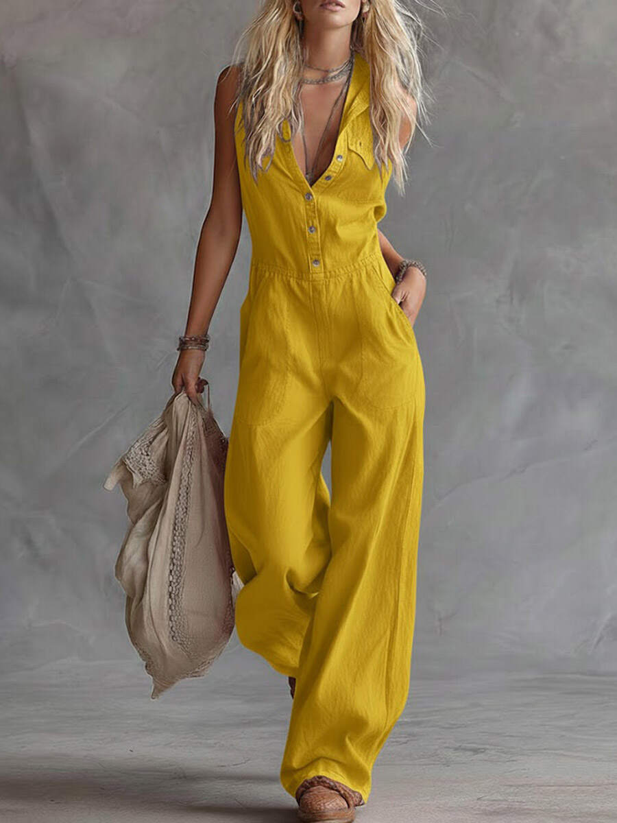 🔥Summer Arrivals🌟Women's Solid Color Shirt Collar Sleeveless Casual Loose Cotton And Linen Wide-leg Jumpsuit