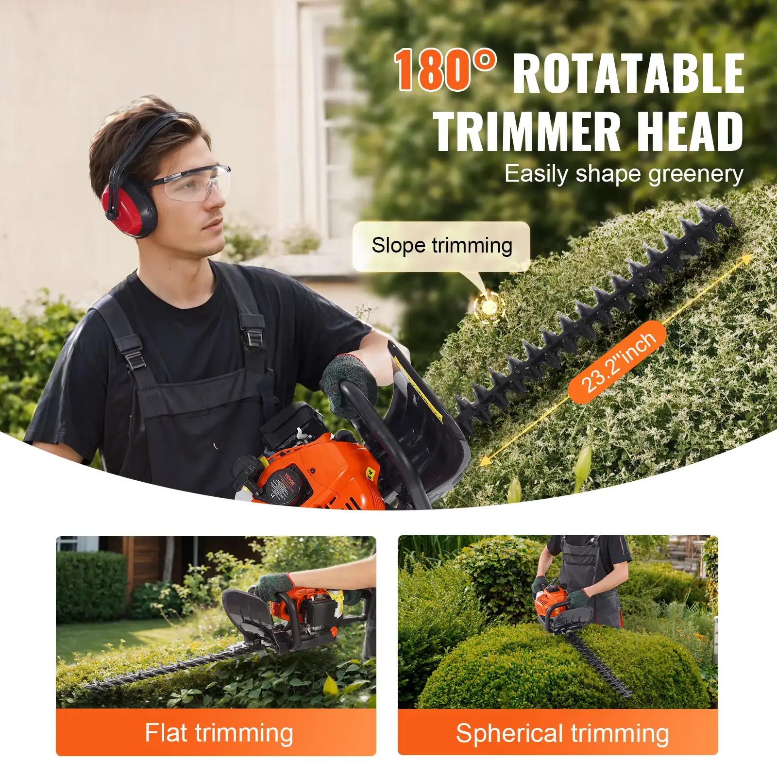 23.2-inch 26CC 2 Cycle Gas Hedge Trimmer Gas Powered Handheld Hedge Trimmer with Dual Sided Dual Action Blade180° Adjustable Trimmer HeadSuitable for Trimming ShrubsLow Bushes
