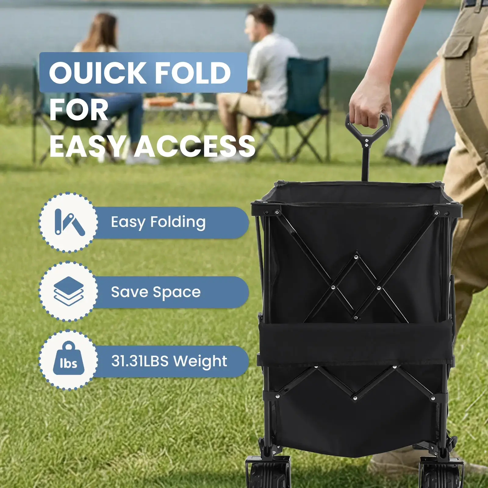 320L Outdoor Folding Double-Decker Wagon with Brakes, 440 lbs Capacity, Flexible Handle, All-Terrain Big Wheels, Compact Pack & Foldable Size for Grocery, Camping