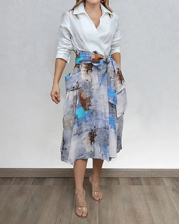 Two-piece Set with Lapel Long-sleeved Top and Tie-strap Printed Skirt