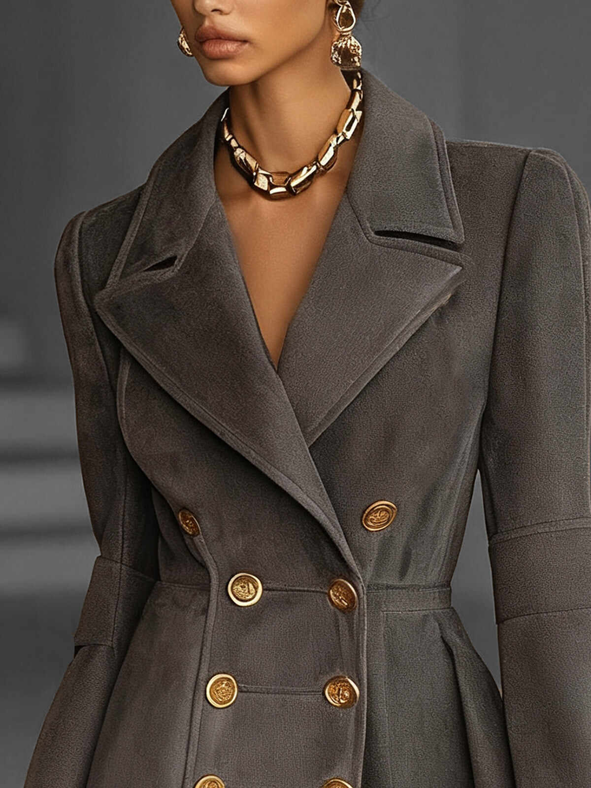 Gray Classic Double-Breasted Coat With Gold Button Accents