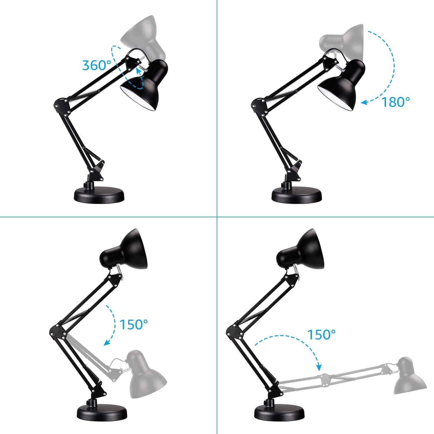 TORCHSTAR Metal Desk Lamp with Clamp, Swing Arm , Architect Adjustable Gooseneck Table Lamp, Clip Desk Lights for Home Office, Work, Study, Reading, E26 Base, Multi-Joint, Black