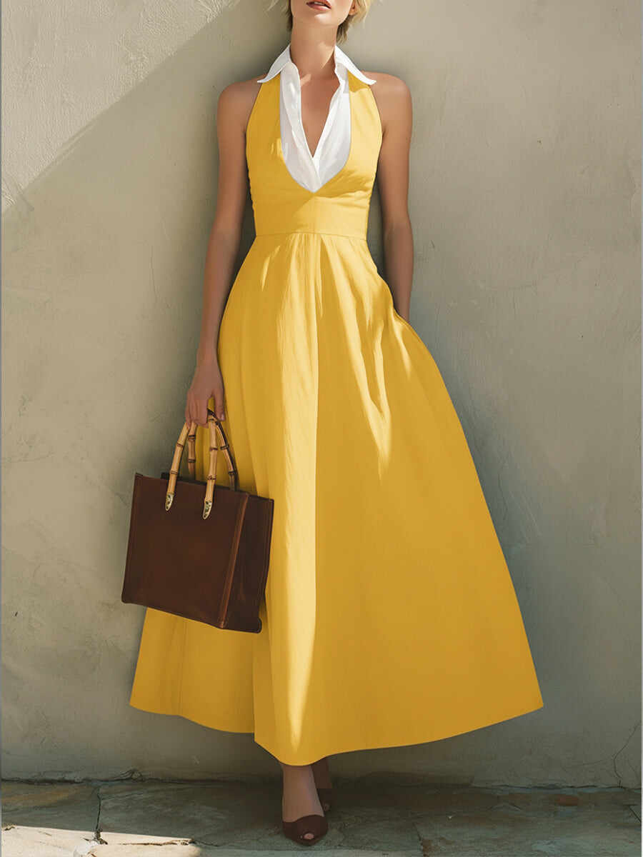 🔥Summer Arrivals🌟Fashionable Patchwork White Collar Sleeveless Cotton Dress