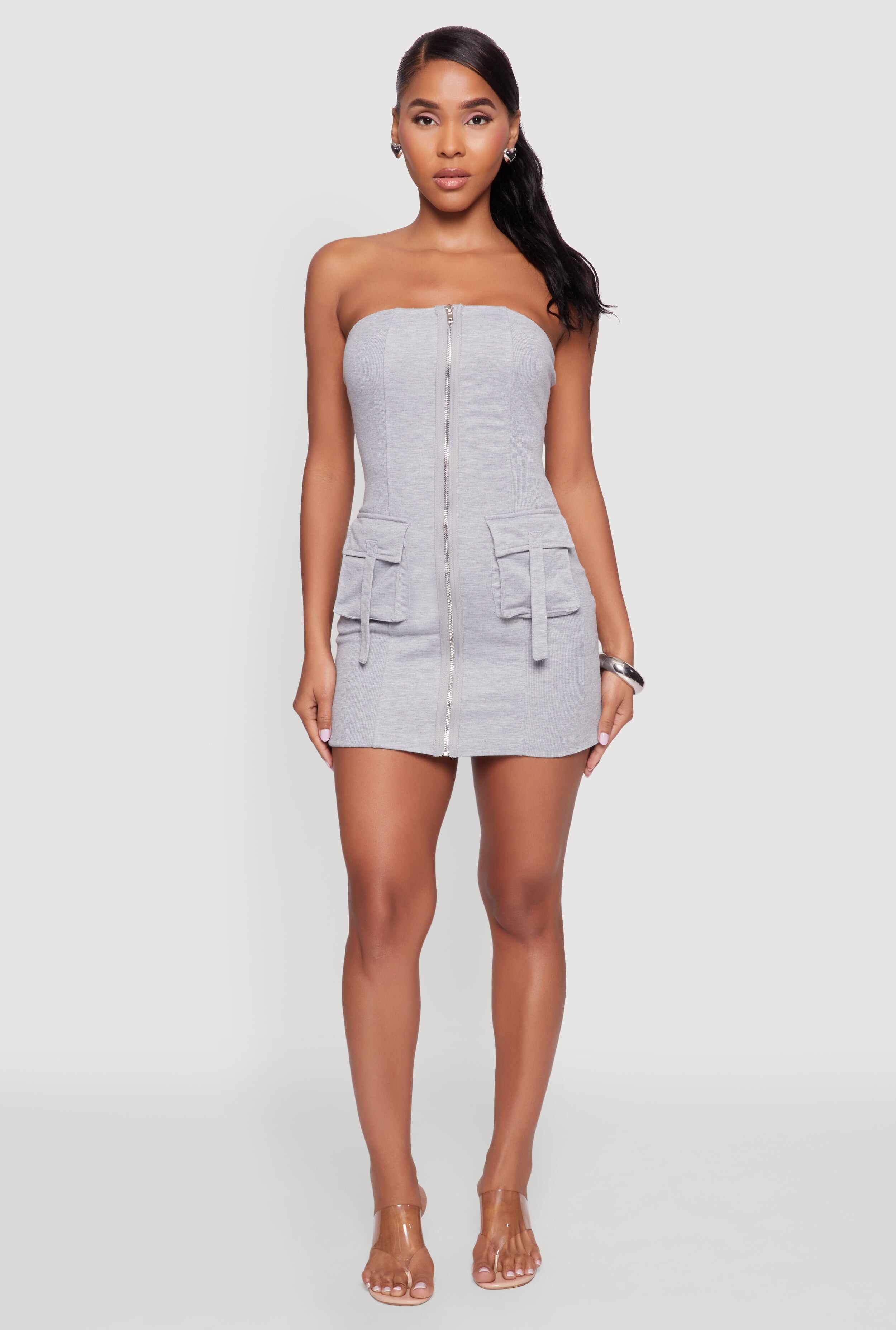Ribbed Knit Zip Front Cargo Pocket Tube Dress