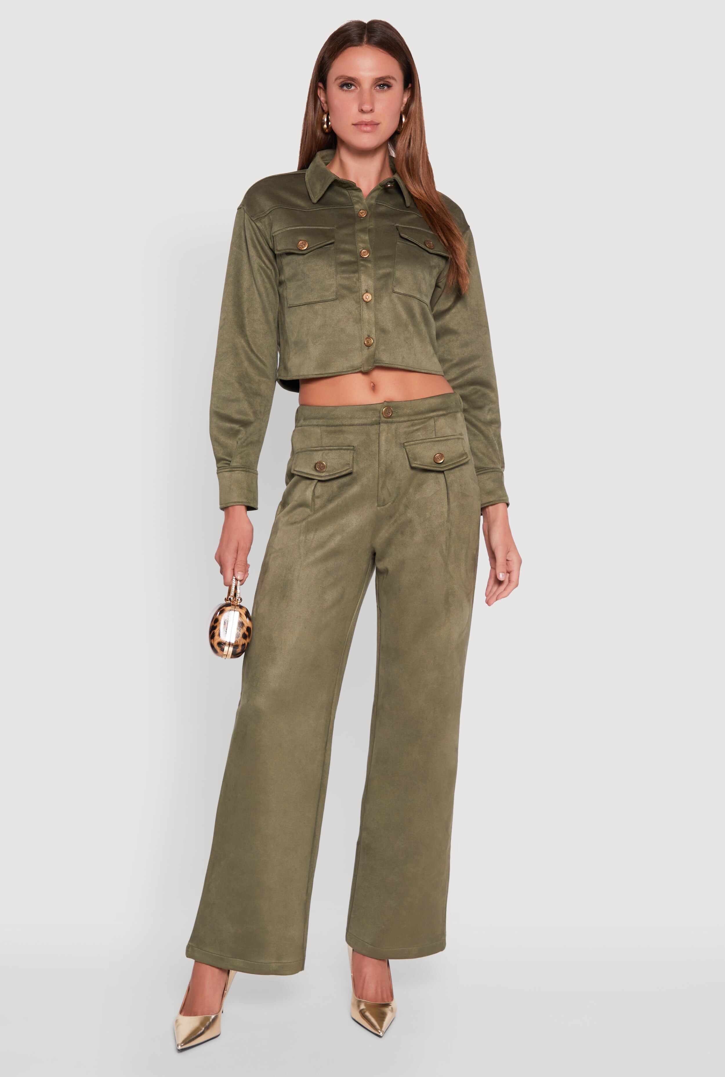 Faux Suede Button Front Cropped Shirt