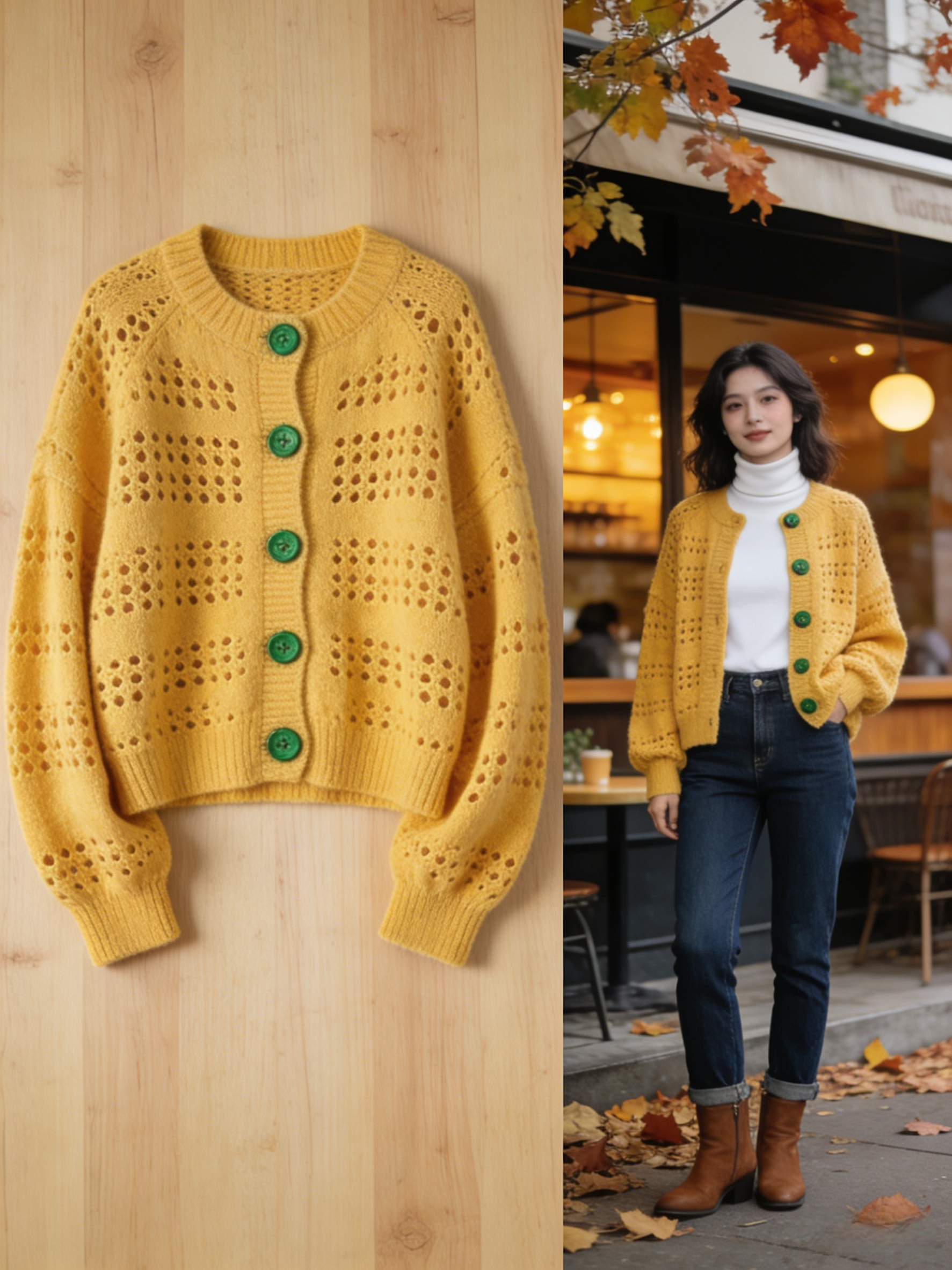 Loose Yellow Button Hollow Out  Cotton Knit Coats Long Sleeve