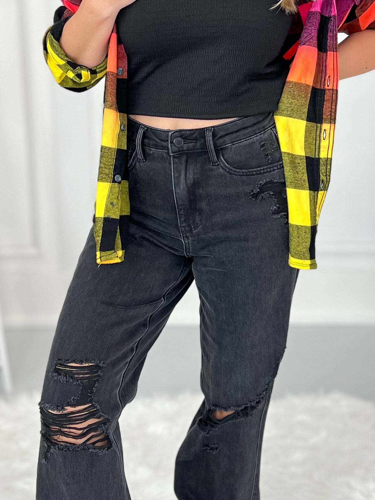 Christmas Rigid Magic 90's Knee Destroy Straight Jeans - Black- Final Sale