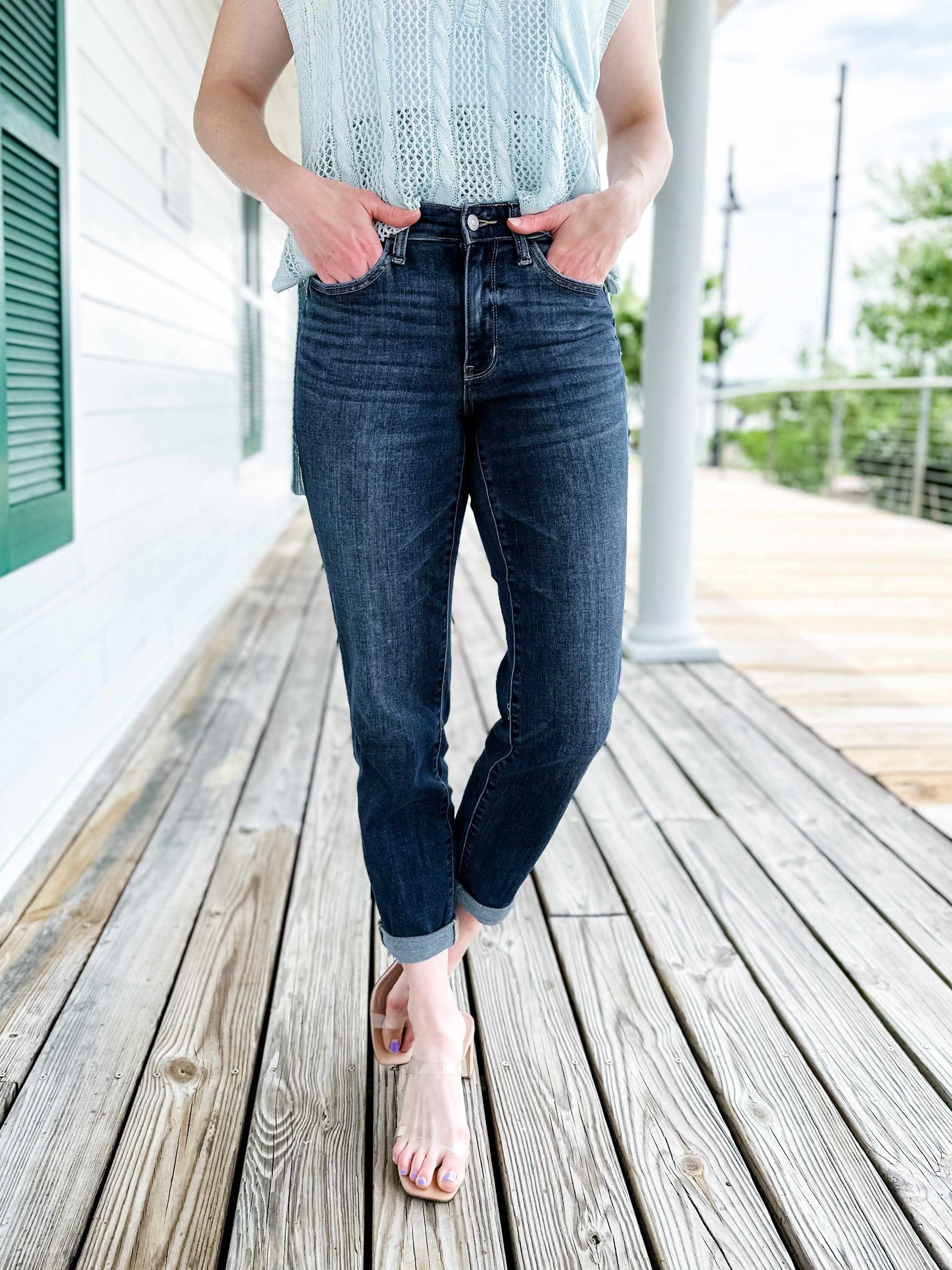 🔥Hot Sales🔥My Favorite Boyfriend Mid Rise Dark Wash Non Distressed Cuffed Boyfriend Jeans