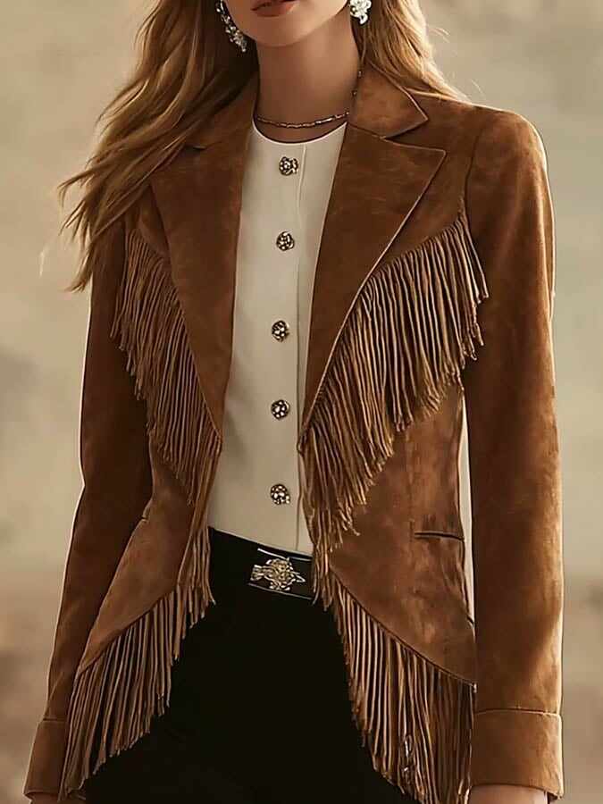 Women's Western Casual Collar Suede Tassel Jacket