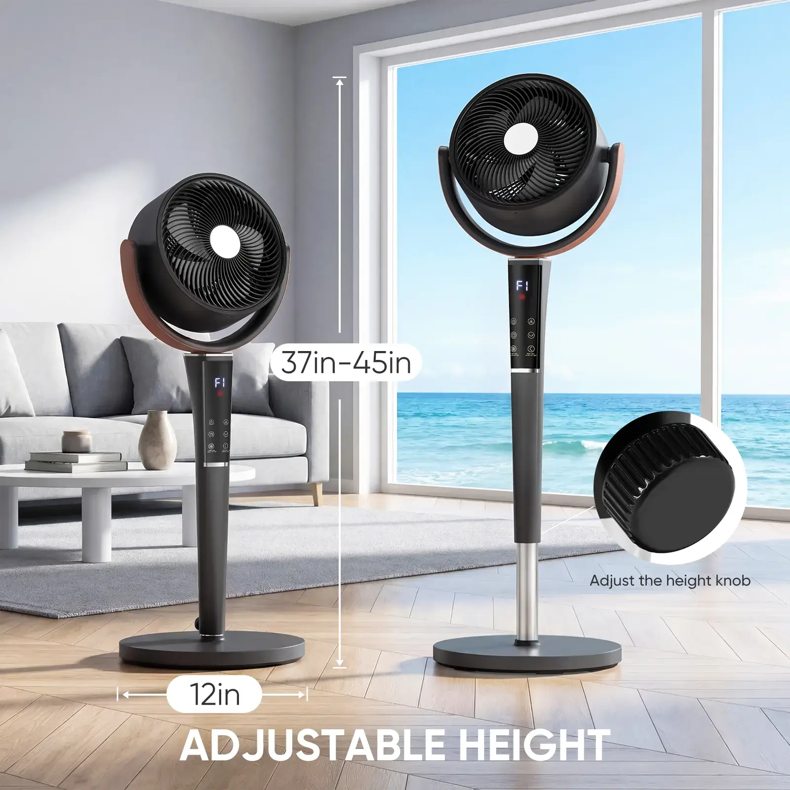 Standing Pedestal Fan Quiet 20dB DC Air Circulator 15 Speeds 5 Modes 120° Oscillation 12H Timer Adjustable Height with Remote & LED Light
