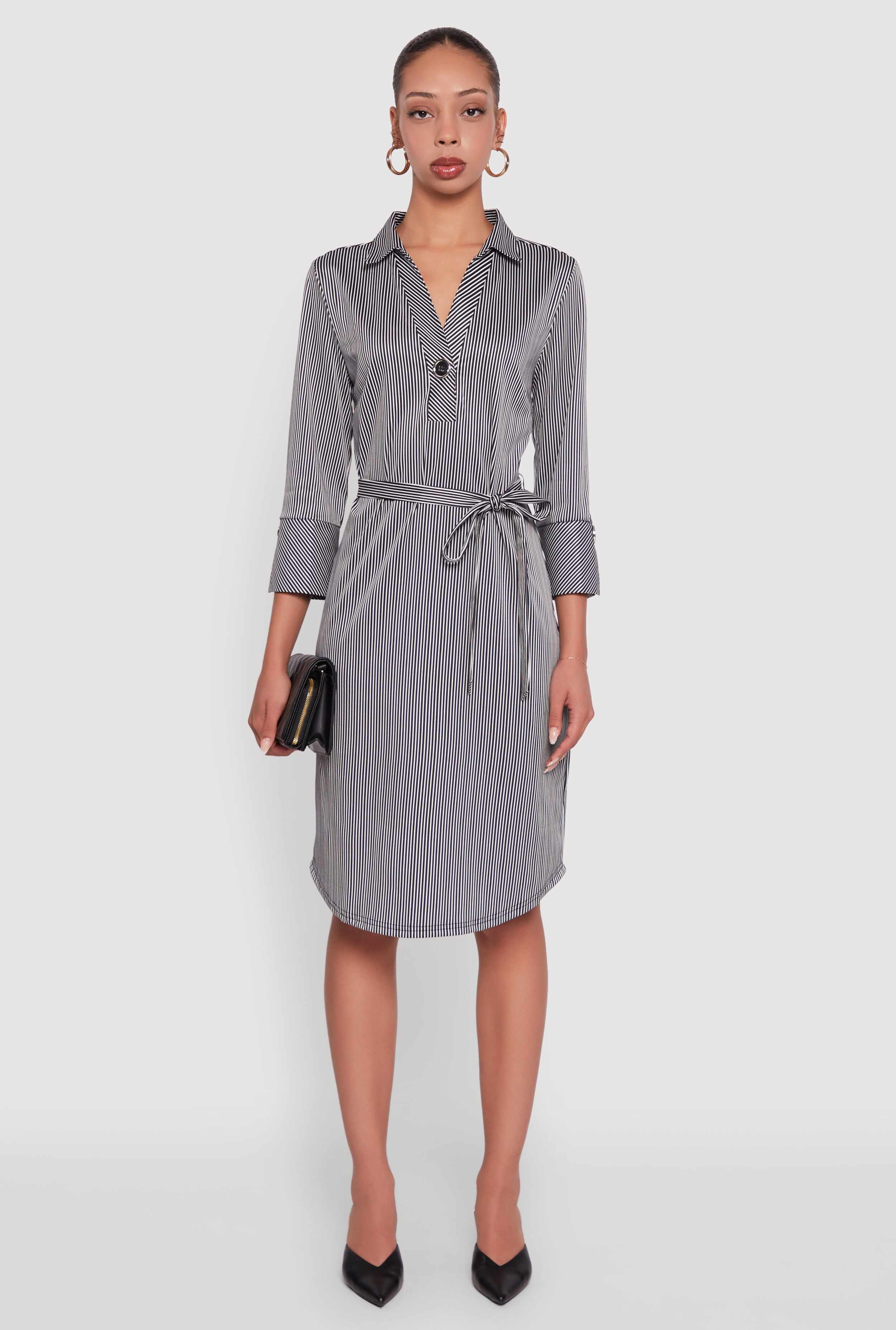 Classic Fit Striped Midi Dress with Tie Waist Belt