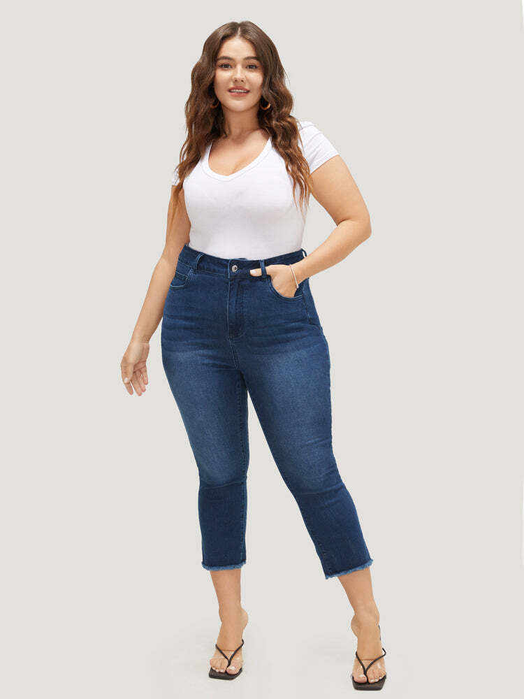 Very Stretchy High Rise Dark Wash Raw Hem Cropped Jeans