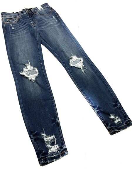 PLUS/REG Bleached Ankle Distressed Dark Wash Skinnies