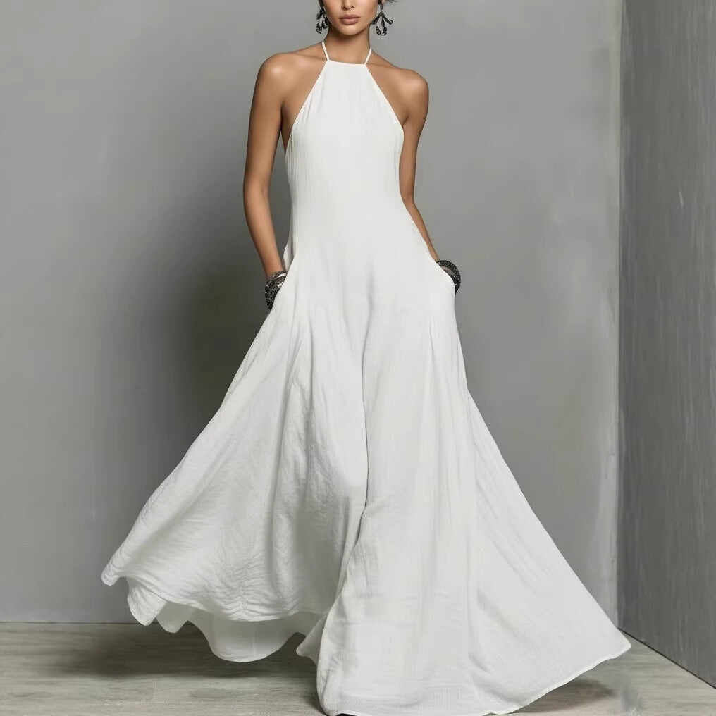 Cotton And Linen Blend Simple Backless Sleeveless Long Dress